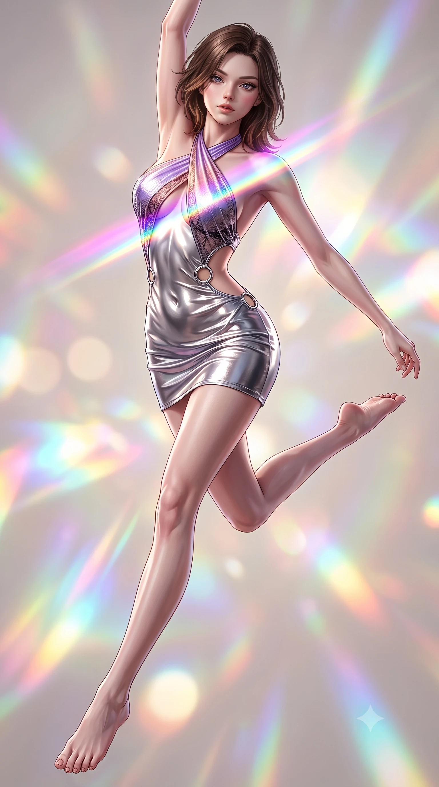 score_9, masterpiece, best quality, ultra-detailed, high-budget anime keyframe, semi-realistic 3D game render, editorial fashion photography, tasteful artistic composition, Korean woman. low angle full-body shot from head to toe showing her feet, filling the entire 9:16 vertical frame with her statuesque presence, stretching her vertical silhouette. leaping through mid-air with an athletic yet alluring arch of her spine, her impossibly long slender legs stretched in flawless poise while twisting her upper body in a dynamic S-curve as brilliant magenta, cyan, and yellow prism beams cross her chest. The composition keeps background elements in soft focus with creamy bokeh. bright multi-colored light refractions creating a glowing, spectrum-lit backdrop. She has an absolutely perfect, statuesque 8.5-heads proportion, an exceptionally tall and slender model-like female figure with impossibly long slender legs, a toned flat midriff, and an ultra-slim waist. sharp v-shaped jawline, high-bridge nose, intricate jewel-like eyes with depth, thick eyelashes, glossy lips with a natural sheen, flawlessly proportioned anatomical accuracy, strict slender model proportions, natural body alignment, perfectly sculpted long slender limbs, ultra-slim waistline, clean dynamic posture without body distortion. wearing a molten silver liquid-metal mini dress featuring deep side-waist cutouts and a daring crossover halter neckline in luminous lavender violet and rose gold, crafted from delicate dark lace interwoven with luminescent micro-fibers, detailed with polished silver rings connecting the daring side-waist cutouts, the precision-cut daring openings accentuating her delicate midriff, graceful bare collarbones, and ultra-slim feminine waistline. surrounded by a hyper-creative, radiant, and fiercely chic modern fashion editorial aura. highly saturated vibrant anime colors, detailed shading with soft gradients, rich glossy textures, high-contrast stereoscopic depth, volumetric dynamic lighting, master piece, 9:16 ratio