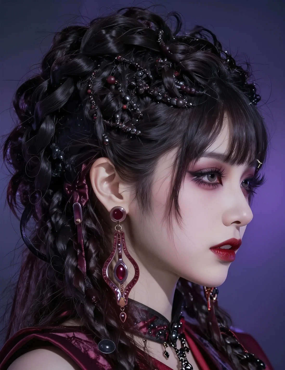 A Japanese female idol vampire with long fangs and a satin vampire cape, posing under a dramatic stage spotlight with a mysterious aura.