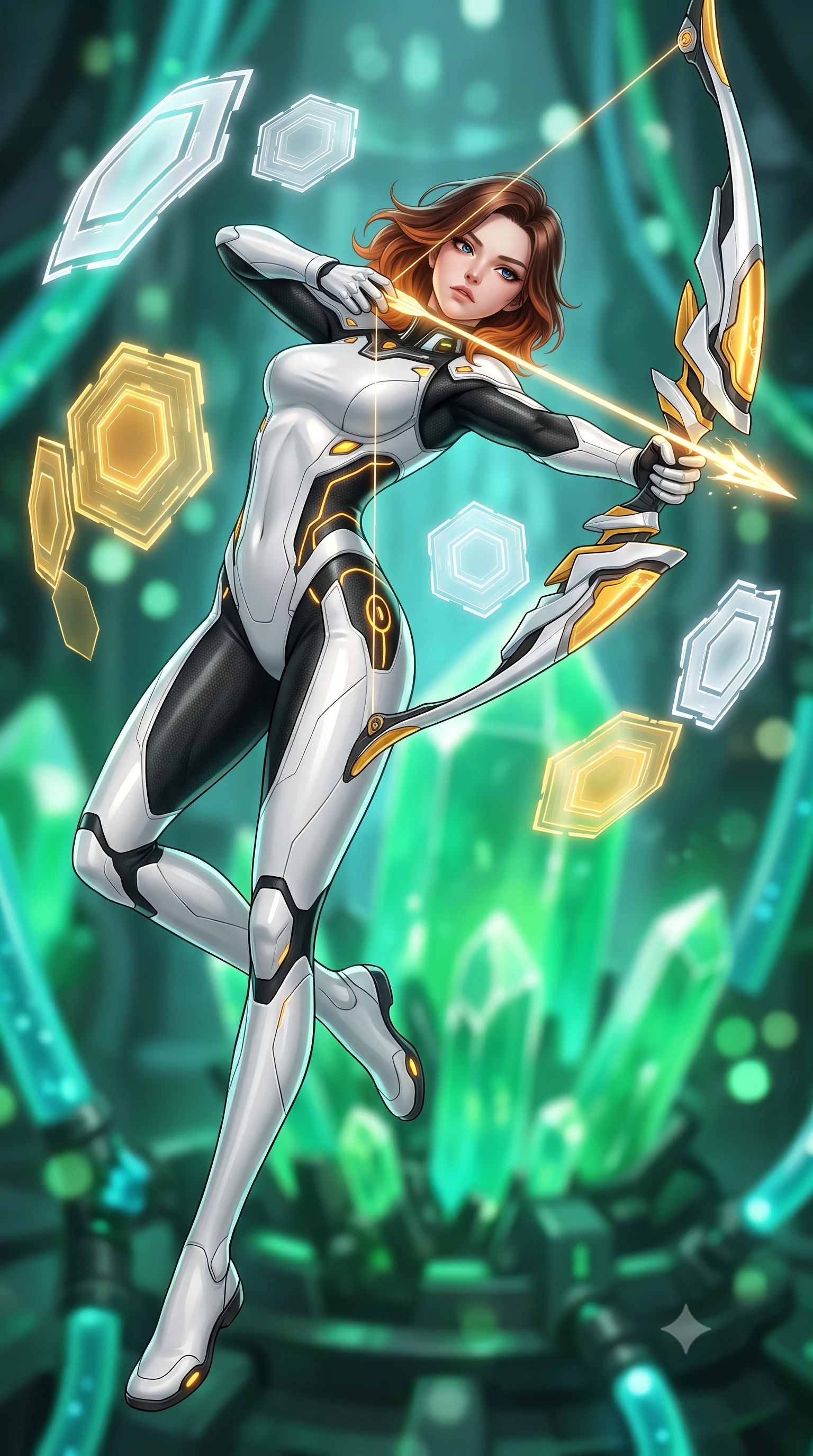 score_9, masterpiece, best quality, ultra-detailed, high-budget anime keyframe, semi-realistic 3D game render, editorial fashion photography, tasteful artistic composition, Korean woman. low angle full-body shot from head to toe showing her feet, filling the entire 9:16 vertical frame with her statuesque presence, stretching her vertical silhouette. arching her spine in a fluid zero-gravity combat turn with sovereign grace, her long slender legs and sculpted torso creating a sweeping line of power while arching her back gracefully with full draw-string tension, her long slender legs and torso creating a sweeping line of power. The composition keeps background elements in soft focus with creamy bokeh. massive glowing emerald reactor crystals and pulsing coolant tubes blurred into rich green and turquoise bokeh. She has an absolutely perfect, statuesque 8.5-heads proportion, an exceptionally tall and slender model-like female figure with impossibly long slender legs, a toned flat midriff, and an ultra-slim waist. sharp v-shaped jawline, high-bridge nose, intricate jewel-like eyes with depth, thick eyelashes, glossy lips with a natural sheen, flawlessly proportioned anatomical accuracy, strict slender model proportions, natural body alignment, perfectly sculpted long slender limbs, ultra-slim waistline, clean dynamic posture without body distortion. wearing a high-contrast monochrome white-and-black carbon-composite exoskeleton suit with glowing amber circuitry, deploying floating hexagonal holographic energy shields with sovereign grace in arctic white carbon composite with radiant solar gold plating, made of liquid carbon-jersey fabric adhering flawlessly to her sculpted silhouette, featuring a sleek aerodynamic collar framed by subtle glowing cybernetic status LEDs, the liquid-tight tailored fabric emphasizing every curve of her tall, slender model proportions and sculptured silhouette during dynamic movement. surrounded by a sacred, mystical, and breathtakingly powerful high-tech archer goddess atmosphere. rich saturated anime colors with glowing neon highlights, detailed shading with soft gradients, rich glossy textures, high-contrast stereoscopic depth, volumetric dynamic lighting, master piece, 9:16 ratio