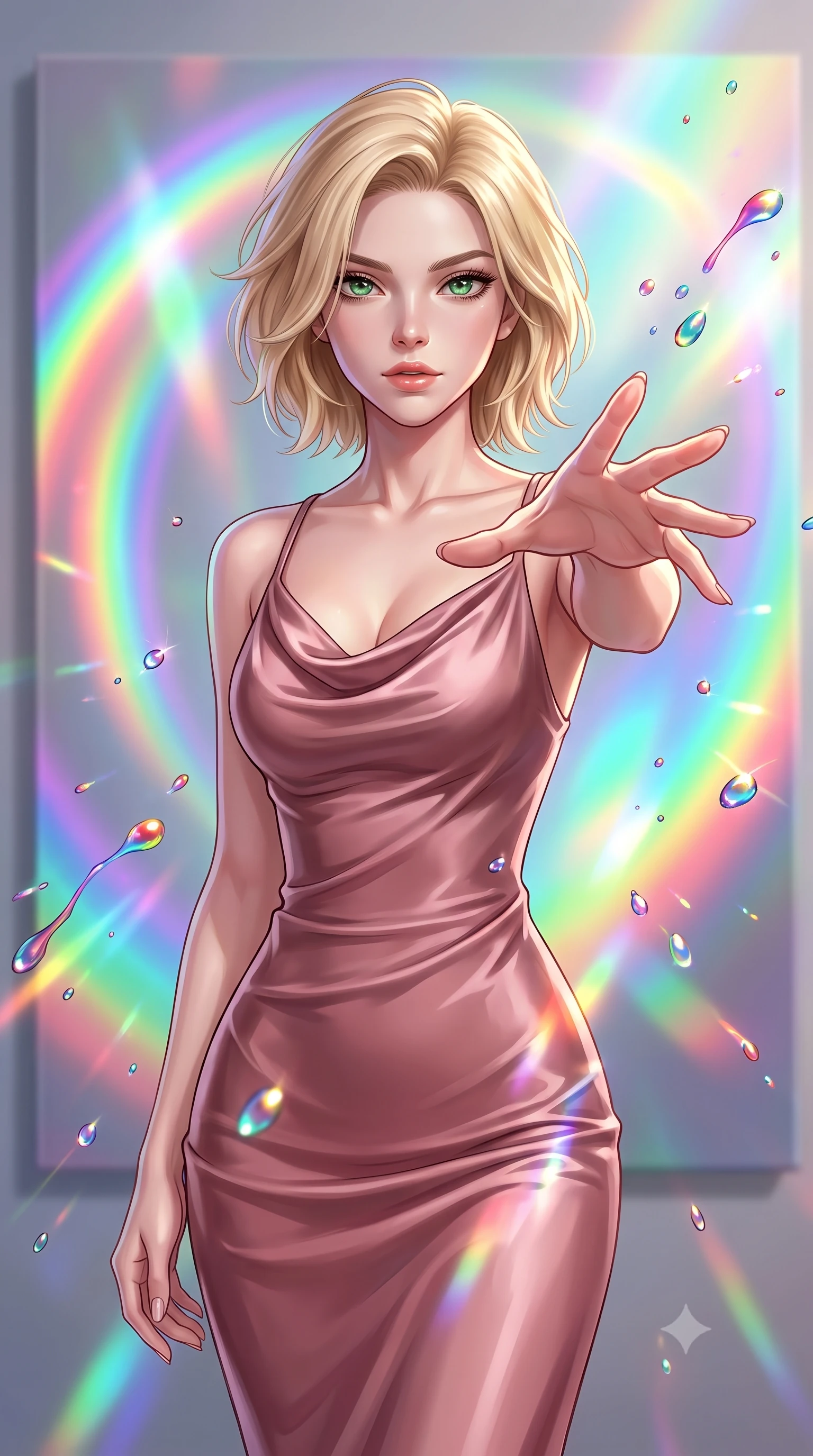 score_9, masterpiece, best quality, ultra-detailed, high-budget anime keyframe, editorial fashion photography, tasteful artistic composition, Caucasian woman. close-up cowboy shot from the waist and thighs up, the character dominates the composition, filling the frame with her large presence, background elements kept in soft focus. Reaching one hand gracefully toward the viewer with effortless superiority and allure poised before a giant holographic canvas emitting luminous color arcs, vibrant paint droplets frozen in time casting specular highlights. She has an exceptionally elegant, slender, and willowy female figure with an ultra-slim waist, a gracefully sculpted slender torso, and a refined silhouette. sharp v-shaped jawline, high-bridge nose, intricate jewel-like eyes with depth, thick eyelashes, glossy lips with a natural sheen. wearing an elegant cowl-neck satin midi dress in dusty rose with a graceful draped neckline, the elegant draped fit framing her graceful clavicle and slender torso. illuminated by brilliant multi-color rainbow light refracting through glass. highly saturated vibrant anime colors, detailed shading with soft gradients, rich glossy textures, high-contrast stereoscopic depth, volumetric dynamic lighting, master piece, 9:16 ratio