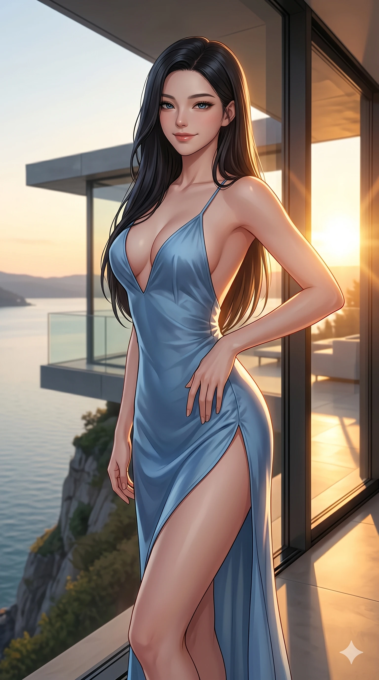 score_9, masterpiece, best quality, ultra-detailed, high-budget anime keyframe, editorial fashion photography, tasteful artistic composition, Korean woman. cowboy shot from the thighs up, character and outfit filling the frame for maximum editorial presence. resting one hand on the curve of her hip, arching her back gracefully with a confident, bedroom-eyes smile on a private viewing balcony of a modern architectural home built on a cliffside over a lake (Code-P133). She has an absolutely perfect 8-heads proportion, an exceptionally tall and slender female figure with impossibly long slender legs and an ultra-slim waist. V-shaped jawline, high-bridge nose, intricate jewel-like eyes with depth, thick eyelashes, glossy lips with a natural sheen. wearing a lightweight blue silk slip dress with an ultra-deep plunging neckline and a high side slit. bathed in warm, golden sunset light pouring through the windows, casting a warm glowing aura over her. 2k, ultra detail, master piece, 9:16 ratio