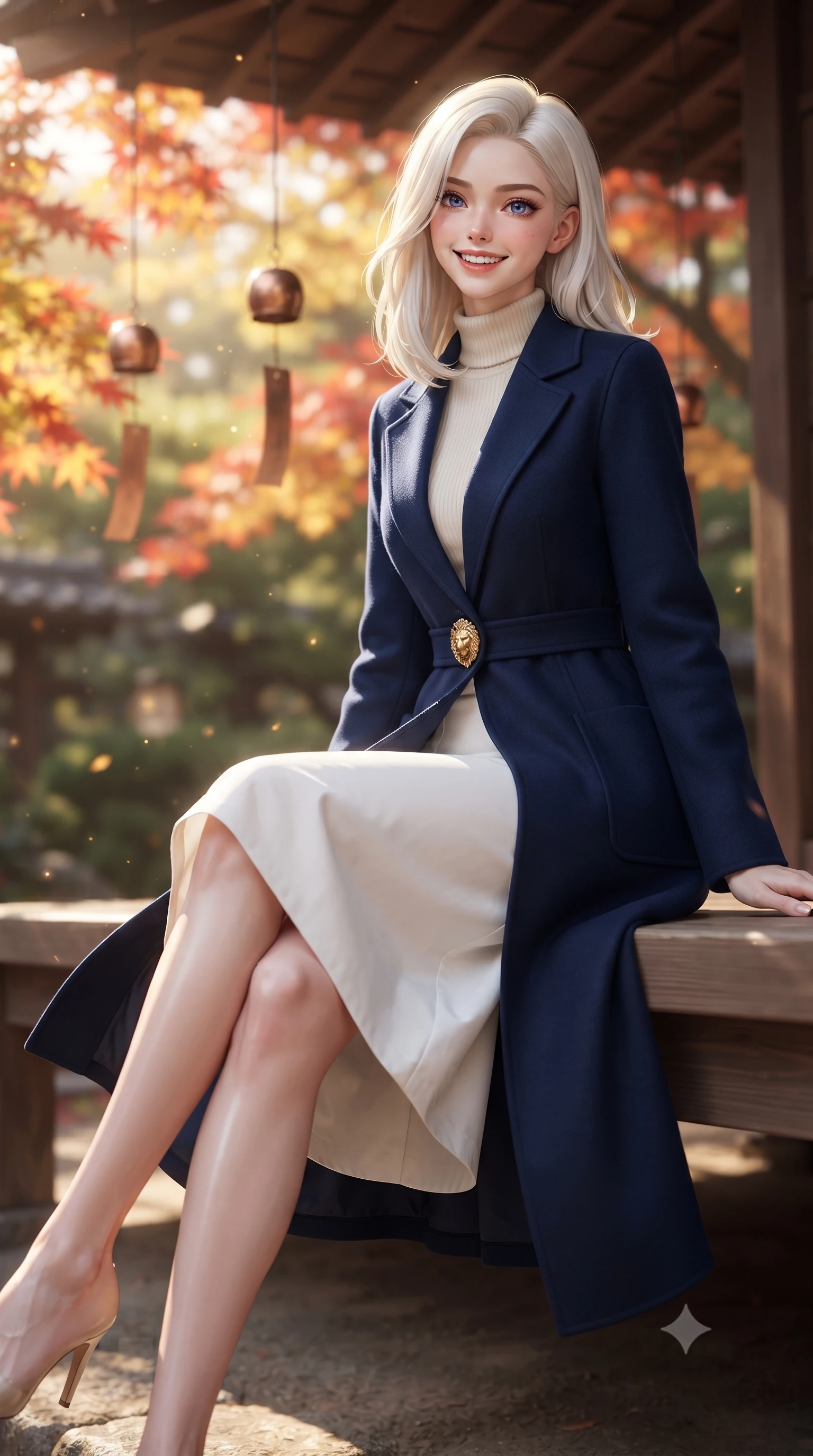 score_9, masterpiece, best quality, ultra-detailed, high-budget anime keyframe, editorial fashion photography, tasteful artistic composition, Caucasian woman. low angle full-body shot from head to toe showing her feet, filling the entire 9:16 vertical frame with her statuesque presence, stretching her vertical silhouette. stepping forward gracefully in mid-motion with a radiant beaming smile, her long tailored coat fluttering around her slender legs while sitting gracefully on the polished cypress wood engawa veranda, legs turned demurely to the side, smiling with gentle Kyoto serenity. The background shows a soft-focus traditional cedar eaves and hanging copper wind chimes softened in timeless autumn temple sanctuary shallow focus. She has an exceptionally tall and slender model-like 8.5-heads proportion, an ultra-slim waist, a flat toned midriff, narrow delicate ribcage, and beautifully sculpted feminine hips creating a graceful, slim hourglass silhouette without any bulky heaviness, with impossibly long slender legs. sharp v-shaped jawline, high-bridge nose, intricate jewel-like sparkling eyes with depth, thick eyelashes, glossy parted lips with a natural peach sheen, bright cheerful beaming smile with an enchanting and coquettish sensual glint, exuding both youthful cute charm and seductive allure, flawlessly proportioned anatomical accuracy, strict slender model proportions, natural body alignment, perfectly sculpted long slender limbs, ultra-slim waistline, clean dynamic posture without body distortion. wearing a luxurious longline cashmere cardigan coat with a belted waist worn over an ivory turtleneck and wool midi skirt in French navy blue and crisp alabaster white, made of crisp Egyptian cotton poplin with pristine tailored pressing, accented with an ornate 24k gold lion-embossed crest button along the front closure, the bespoke architectural tailoring hugging her natural waistline with sartorial precision, creating a clean graceful hourglass silhouette with tall model elegance. bathed in filtered golden autumn sunlight dappled through brilliant red and orange maple foliage. ultra-reflective glossy finish, specular highlights, rich textural contrasts, high-contrast stereoscopic depth, volumetric dynamic lighting, 2k, ultra detail, master piece, 9:16 ratio