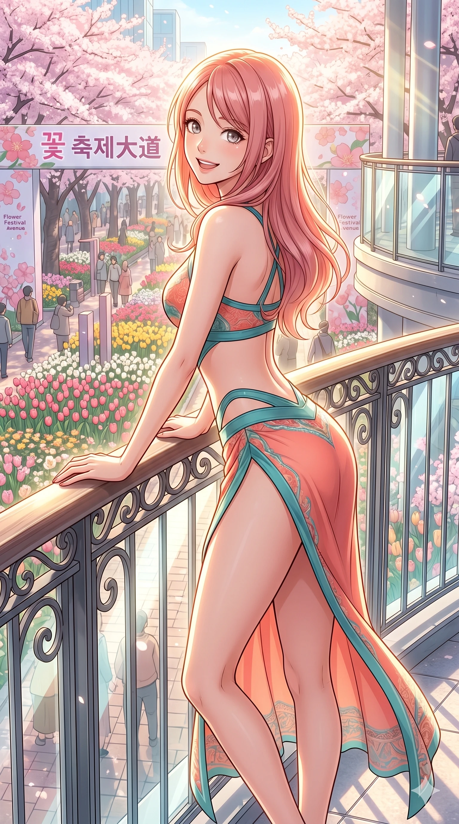 score_9, masterpiece, best quality, ultra-detailed, high-budget anime keyframe, vibrant anime aesthetic, Japanese woman. cowboy shot from the thighs up, character and outfit filling the frame for maximum presence. She is resting her hands on the railing, looking over her shoulder with a happy grin by a vibrant spring flower festival avenue (Code-P20-090). She has an absolutely perfect 8-heads proportion, an exceptionally tall and slender female figure with impossibly long slender legs and an ultra-slim waist. V-shaped jawline, high-bridge nose, intricate jewel-like eyes with depth, thick eyelashes, glossy lips with a natural sheen. wearing a bodycon swimsuit with a high-slit and exposed midriff. She is bathed in bright morning sun reflecting off the glass panels, creating a glowing aura. 2k, ultra detail, master piece, 9:16 ratio