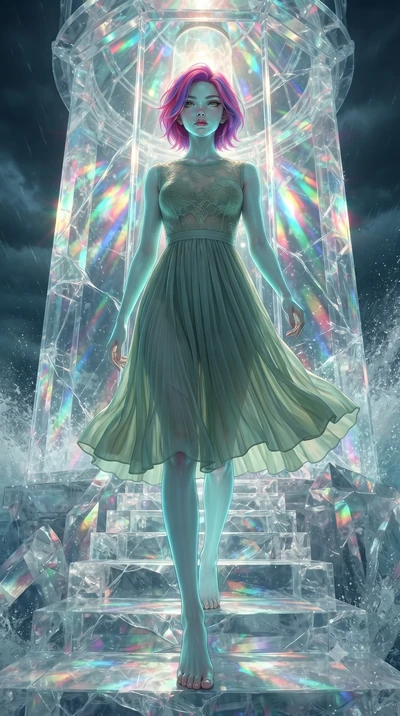 score_9, masterpiece, best quality, ultra-detailed, high-budget anime keyframe, editorial fashion photography, tasteful artistic composition, Caucasian woman, strictly human ears. low angle full-body shot from head to toe showing her feet, filling th