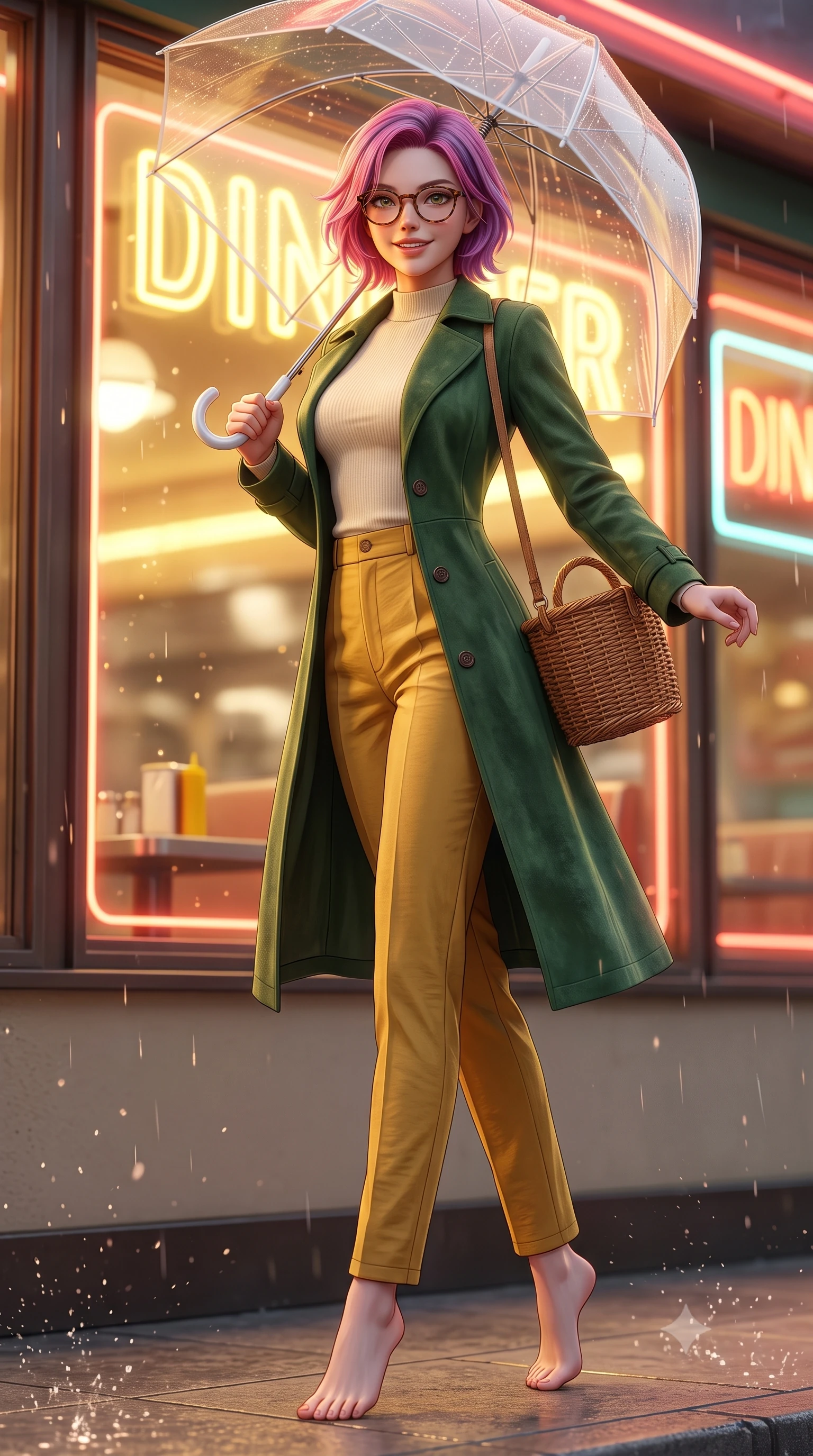 score_9, masterpiece, best quality, ultra-detailed, high-budget anime keyframe, semi-realistic 3D game render, editorial fashion photography, tasteful artistic composition, Caucasian woman. low angle full-body shot from head to toe showing her feet, filling the entire 9:16 vertical frame with her statuesque presence, stretching her vertical silhouette. landing lightly on the balls of her feet in a balanced kinetic stance, eyes locked onto the camera with fearless allure while pivoting playfully outside a retro diner's glowing neon window, smiling with infectious nostalgic girlhood charm. The composition keeps background elements in soft focus with creamy bokeh. splattering raindrops on umbrella plastic and neon glare scattering soft nostalgic light motes. She has an absolutely perfect, statuesque 8.5-heads proportion, an exceptionally tall and slender model-like female figure with impossibly long slender legs, a toned flat midriff, and an ultra-slim waist. sharp v-shaped jawline, high-bridge nose, intricate jewel-like eyes with depth, thick eyelashes, glossy lips with a natural sheen, captivating and magnetic expression, flawlessly proportioned anatomical accuracy, strict slender model proportions, natural body alignment, perfectly sculpted long slender limbs, ultra-slim waistline, clean dynamic posture without body distortion. wearing a stylish retro suede trench coat over a fitted mock-neck knit top and high-waist tailored slacks in forest green, cream, and mustard yellow, made of crisp lightweight vintage crinkle nylon, accessorized with a rustic woven wicker basket bag and round tortoiseshell glasses, the form-contouring material adhering flawlessly to her sculpted flat midriff and slender torso, emphasizing her long leg lines and perfectly proportioned willowy build. illuminated by warm golden diner window key light sculpting her cheekbones and joyful expression. highly saturated vibrant anime colors, detailed shading with soft gradients, rich glossy textures, high-contrast stereoscopic depth, volumetric dynamic lighting, master piece, 9:16 ratio