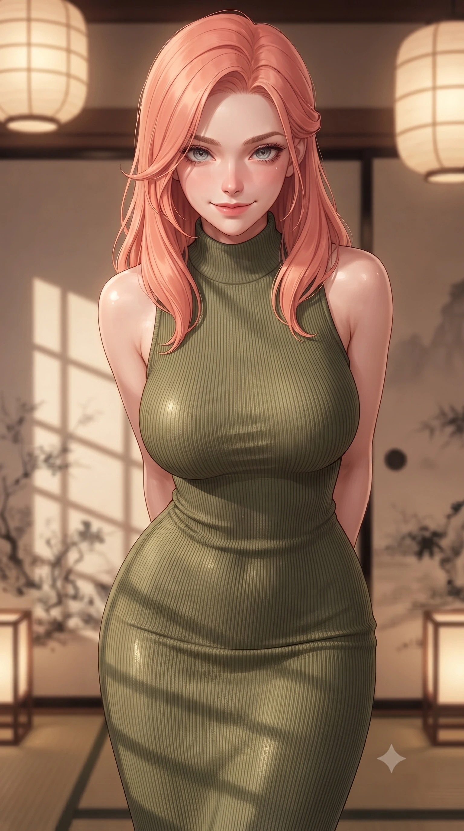 score_9, masterpiece, best quality, ultra-detailed, high-budget anime keyframe, editorial fashion photography, tasteful artistic composition, Japanese woman. close-up cowboy shot from the waist and thighs up, the character dominates the composition, filling the frame with her large presence, background elements kept in soft focus. leaning slightly forward with a playful, teasing smile, her gaze locked onto the viewer the background shows a soft-focus a traditional paper screen bedroom decorated with delicate ink paintings. She has an exceptionally elegant, slender, and willowy female figure with an ultra-slim waist, a gracefully sculpted slender torso, and a refined silhouette. sharp v-shaped jawline, high-bridge nose, intricate jewel-like eyes with depth, thick eyelashes, glossy lips with a natural sheen. wearing a body-hugging form-contouring ribbed knit bodycon midi dress in olive green, tracing her slender silhouette with a high neck. warm paper lanterns casting soft, diffused grid-like shadow lines. ultra-reflective glossy finish, specular highlights, metallic sheen, high-contrast stereoscopic depth, volumetric dynamic lighting, 2k, ultra detail, master piece, 9:16 ratio