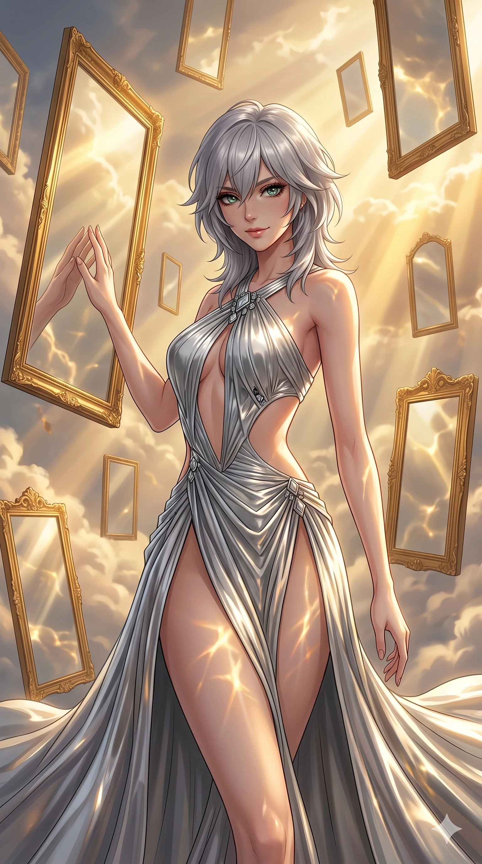 score_9, masterpiece, best quality, ultra-detailed, high-budget anime keyframe, editorial fashion photography, tasteful artistic composition, Japanese woman. cowboy shot from the thighs up, character and outfit filling the frame for maximum editorial presence. reaching a hand toward a floating mirror, looking at the camera with a mysterious smile in a surreal cloud sanctuary with floating golden mirrors (Code-P16-061). She has an absolutely perfect 8-heads proportion, an exceptionally tall and slender female figure with impossibly long slender legs and an ultra-slim waist. V-shaped jawline, high-bridge nose, intricate jewel-like eyes with depth, thick eyelashes, glossy lips with a natural sheen. wearing a flowing silver metallic gown with a dramatic open-waist cutout and high side slit. warm golden afternoon sunbeams reflecting off the mirrors, casting bright light patterns. 2k, ultra detail, master piece, 9:16 ratio