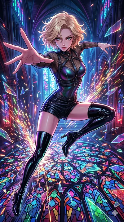 score_9, masterpiece, best quality, ultra-detailed, high-budget anime movie keyframe, cinematic anime lighting, intricate line art, Japanese woman. Extreme high angle shot as she leaps towards the camera, filling the frame. leaping across shattered s