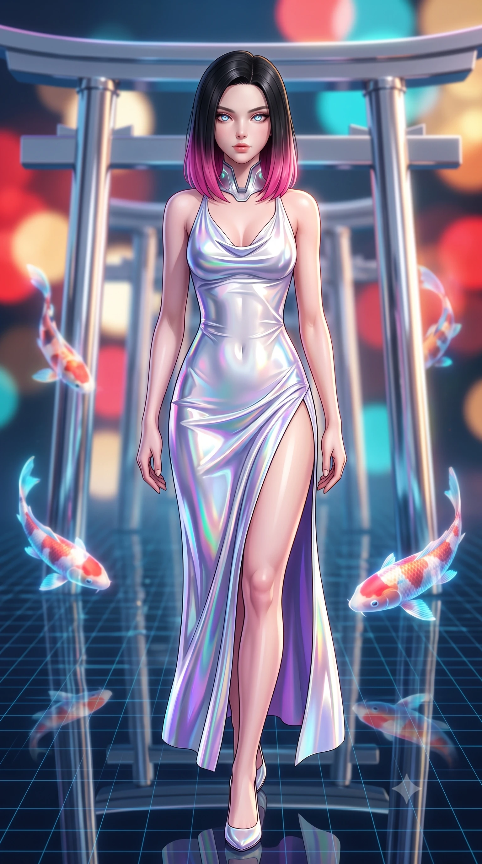 score_9, masterpiece, best quality, ultra-detailed, high-budget anime keyframe, semi-realistic 3D game render, editorial fashion photography, tasteful artistic composition, Korean woman. close-up cowboy shot from the waist and thighs up, the character dominates the composition, filling the frame with her large presence. gazing forward with divine sovereign poise, captivating jewel-like eyes shining with transcendent luminescence and alluring grace while striding gracefully along a mirrored chrome torii gate arcade suspended above a digital water matrix. The composition keeps background elements in soft focus with creamy bokeh. floating chrome torii gates and swimming holographic koi blurred into vibrant scarlet, cyan, and gold bokeh. She has an exceptionally elegant, slender, and willowy female figure with an ultra-slim waist, a gracefully sculpted slender torso, toned flat midriff, and a refined slim silhouette. sharp v-shaped jawline, high-bridge nose, intricate jewel-like eyes with depth, thick eyelashes, glossy lips with a natural sheen, flawlessly proportioned anatomical accuracy, strict slender model proportions, natural body alignment, perfectly sculpted long slender limbs, ultra-slim waistline, clean dynamic posture without body distortion. wearing a precision-fitted liquid jersey bodycon gown in radiant chrome and white, featuring an open cowl back and high side slit in iridescent holographic chrome with prism violet highlights, formed from high-gloss patent material with specular chiaroscuro reflections, featuring a sleek aerodynamic collar framed by subtle glowing cybernetic accents, the form-contouring material adhering flawlessly to her sculpted flat midriff and slender torso, emphasizing her long leg lines and perfectly proportioned willowy build. surrounded by an ethereal, timeless, and captivatingly graceful oriental cyber-goddess aura. rich saturated anime colors with glowing neon highlights, detailed shading with soft gradients, rich glossy textures, high-contrast stereoscopic depth, volumetric dynamic lighting, master piece, 9:16 ratio