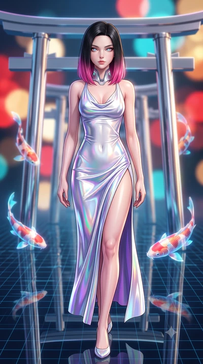 score_9, masterpiece, best quality, ultra-detailed, high-budget anime keyframe, semi-realistic 3D game render, editorial fashion photography, tasteful artistic composition, Korean woman. close-up cowboy shot from the waist and thighs up, the characte
