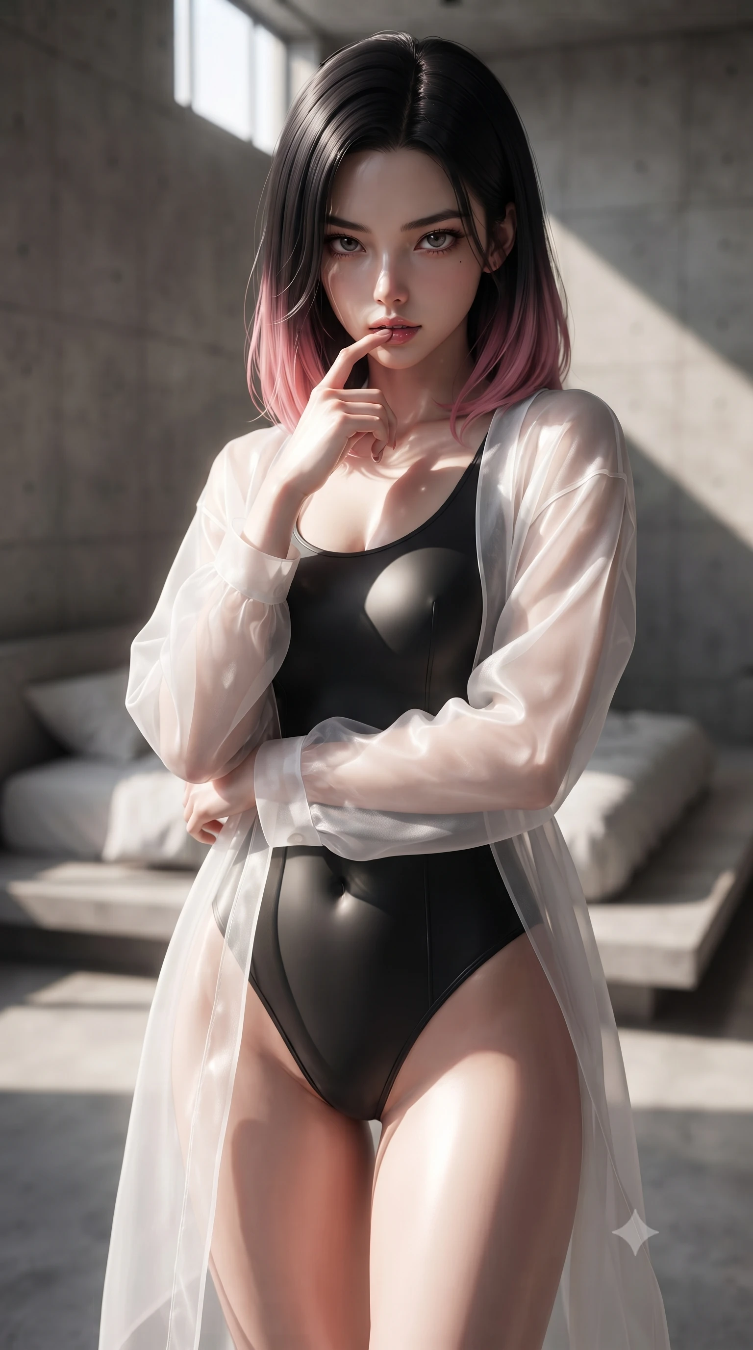 score_9, masterpiece, best quality, ultra-detailed, high-budget anime keyframe, editorial fashion photography, tasteful artistic composition, Korean woman woman. close-up cowboy shot from the waist and thighs up, the character dominates the composition, filling the frame with her large presence, background elements kept in soft focus. pressing one finger to her bottom lip in a thoughtful, seductive gesture under the warm sun the background shows a soft-focus a spacious minimalist bedroom with raw concrete walls and a low platform bed. She has an exceptionally elegant, slender, and willowy female figure with an ultra-slim waist, a gracefully sculpted slender torso, and a refined silhouette. sharp v-shaped jawline, high-bridge nose, intricate jewel-like eyes with depth, thick eyelashes, glossy lips with a natural sheen. wearing a form-contouring semi-transparent white organza resort cover-up worn over a form-fitting one-piece swimsuit. stark afternoon sunbeams slicing through a high window, creating Chiaroscuro shadows. ultra-reflective glossy finish, specular highlights, metallic sheen, high-contrast stereoscopic depth, volumetric dynamic lighting, 2k, ultra detail, master piece, 9:16 ratio