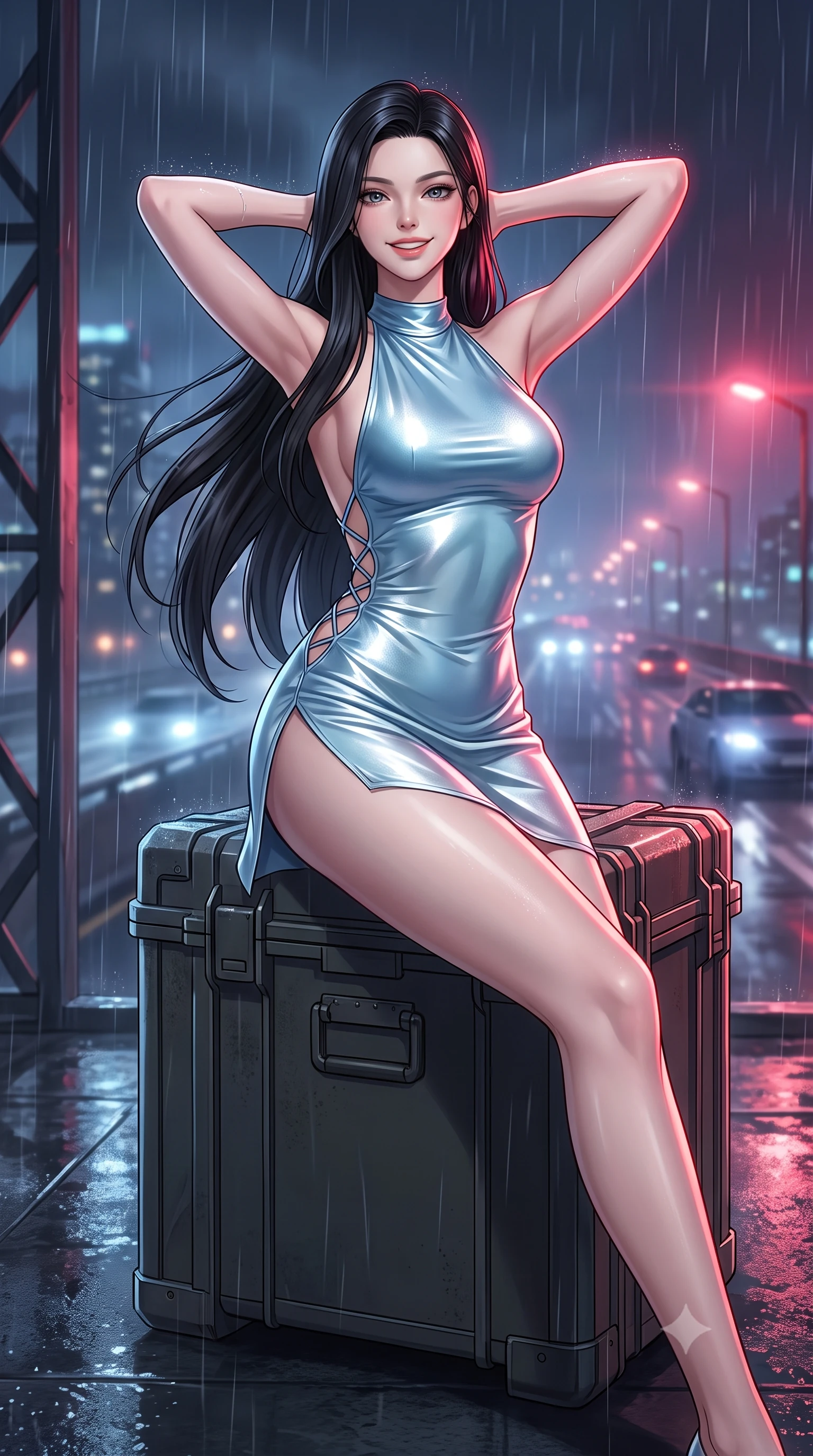 score_9, masterpiece, best quality, ultra-detailed, high-budget anime keyframe, semi-realistic 3D game render, editorial fashion photography, tasteful artistic composition, Korean woman. close-up cowboy shot from the waist and thighs up, the character dominates the composition, filling the frame with her large presence. resting both hands lightly behind her neck with elbows raised, arching her spine to highlight her narrow waist, flat midriff, and breathtaking collarbones while lounging gracefully across the tactical sniper case propped on one elbow with legs extended, displaying her long slender limbs and statuesque hourglass silhouette against the highway lights. The background shows a soft-focus fine rain vapor softened in high-altitude freeway sniper perch shallow focus. She has an exceptionally elegant, slender, and willowy female figure with an ultra-slim waist, flat toned midriff, narrow ribcage, and sculpted feminine hips creating an alluring, slim hourglass silhouette without bulk. sharp v-shaped jawline, high-bridge nose, intricate jewel-like sparkling eyes with depth, thick eyelashes, glossy parted lips with a natural peach sheen, bright cheerful beaming smile with an enchanting and coquettish sensual glint, exuding both youthful cute charm and seductive allure, flawlessly proportioned anatomical accuracy, strict slender model proportions, natural body alignment, perfectly sculpted long slender limbs, ultra-slim waistline, clean dynamic posture without body distortion. wearing an alluring backless metallic lamé combat halter mini dress with deep open back down to her lower spine and thigh-high slit in arctic cryo-glacier ice blue and platinum white, made of fluid liquid jersey with seamless sculpting hold and smooth contours, featuring fine criss-cross lace-up side ties revealing tantalizing glimpses of her hip curve, the form-contouring silhouette accentuating her sculpted flat midriff, narrow delicate ribcage, and gracefully curvy hips with intoxicating allure. illuminated by wet concrete reflection bounce and sharp ruby-white rim lights sculpting her jawline, narrow waist, and curvy hips. highly saturated vibrant anime colors, detailed shading with soft gradients, rich glossy textures, high-contrast stereoscopic depth, volumetric dynamic lighting, master piece, 9:16 ratio