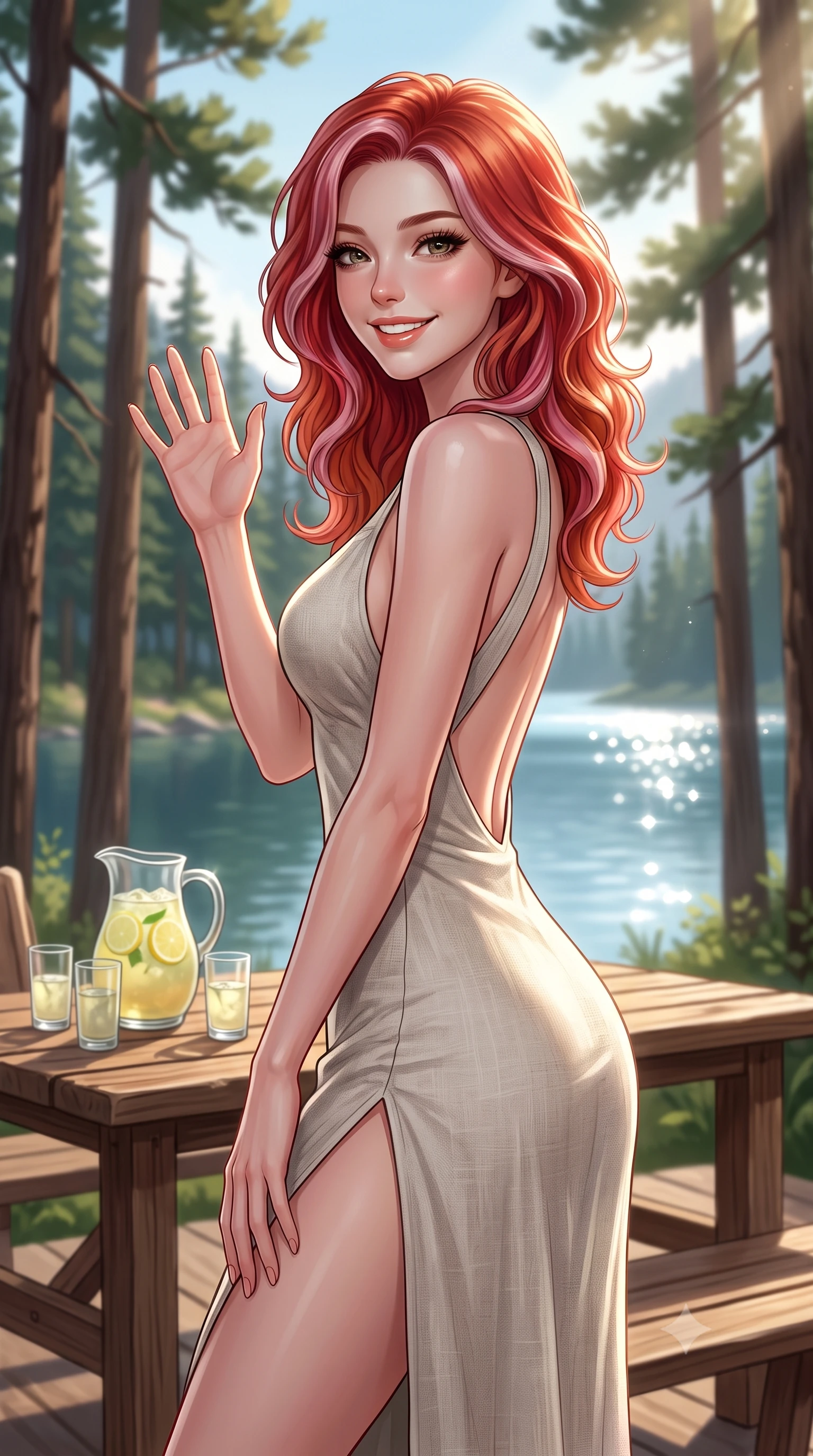 score_9, masterpiece, best quality, ultra-detailed, high-budget anime keyframe, editorial fashion photography, tasteful artistic composition, Caucasian woman. close-up cowboy shot from the waist and thighs up, the character dominates the composition, filling the frame with her large presence, background elements kept in soft focus. flashing a sweet, beaming smile while waving one hand gently toward the camera set against a soft-focus background of on a cozy glamping deck surrounded by tall pine trees and a quiet mountain lake with a pitcher of cold lemonade and glasses on a rustic wooden table. She has an exceptionally elegant, slender, and willowy female figure with an ultra-slim waist, a gracefully sculpted slender torso, and a refined silhouette. sharp v-shaped jawline, high-bridge nose, intricate jewel-like eyes with depth, thick eyelashes, glossy lips with a natural sheen. wearing form-contouring linen sundress with a daring high slit and a low-cut back design. fresh morning sun rays creating sparkling glints on the blue pool water. ultra-reflective glossy finish, specular highlights, metallic sheen, high-contrast stereoscopic depth, volumetric dynamic lighting, 2k, ultra detail, master piece, 9:16 ratio