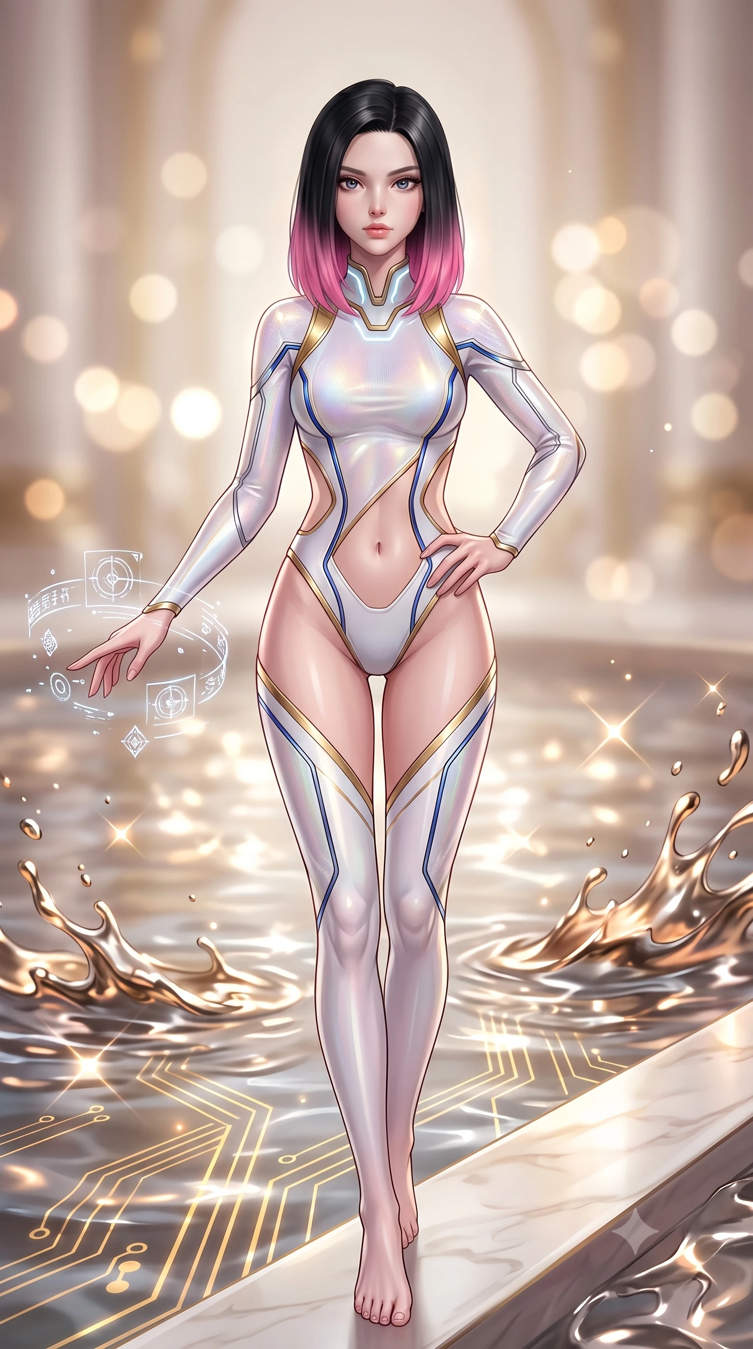 score_9, masterpiece, best quality, ultra-detailed, high-budget anime keyframe, semi-realistic 3D game render, editorial fashion photography, tasteful artistic composition, Korean woman. close-up cowboy shot from the waist and thighs up, the character dominates the composition, filling the frame with her large presence. extending one arm gracefully as floating holographic glyphs and nano-crystals orbit her fingertips with sovereign power while stepping along the pool edge with an ethereal, captivating gaze as golden circuit lines pulse beneath the liquid metal. The composition keeps background elements in soft focus with creamy bokeh. molten metal splashes and light caustics scattering radiant glints across a soft-focus background. She has an exceptionally elegant, slender, and willowy female figure with an ultra-slim waist, a gracefully sculpted slender torso, toned flat midriff, and a refined slim silhouette. sharp v-shaped jawline, high-bridge nose, intricate jewel-like eyes with depth, thick eyelashes, glossy lips with a natural sheen, flawlessly proportioned anatomical accuracy, strict slender model proportions, natural body alignment, perfectly sculpted long slender limbs, ultra-slim waistline, clean dynamic posture without body distortion. wearing a second-skin white-and-gold high-fashion tech-bodysuit with diagonal midriff cutouts and glowing cyan fiber seams in liquid platinum silver and deep sapphire blue LED filaments, crafted from delicate iridescent organza interwoven with luminescent micro-fibers, featuring a sleek aerodynamic collar framed by subtle glowing cybernetic accents, the sleek second-skin cut tightly hugging her graceful clavicle, narrow waist, and feminine curves with athletic precision. surrounded by an opulent, mystical, and sacredly sensual android goddess ambiance. rich saturated anime colors with glowing neon highlights, detailed shading with soft gradients, rich glossy textures, high-contrast stereoscopic depth, volumetric dynamic lighting, master piece, 9:16 ratio