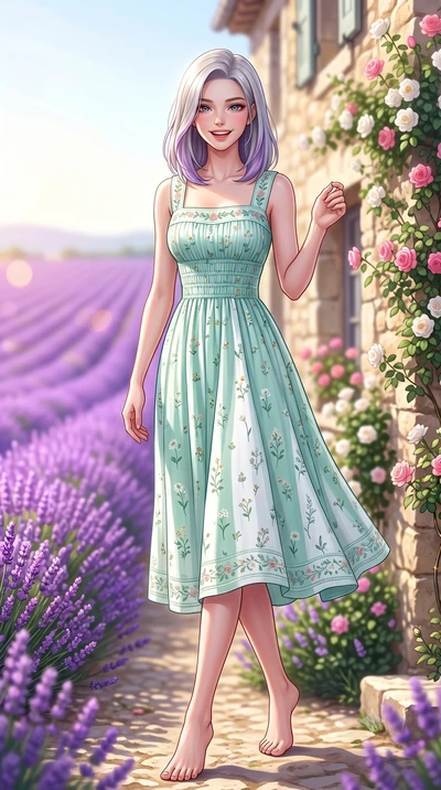 score_9, masterpiece, best quality, ultra-detailed, high-budget anime keyframe, semi-realistic 3D game render, editorial fashion photography, tasteful artistic composition, Caucasian woman. low angle full-body shot from head to toe showing her feet, 