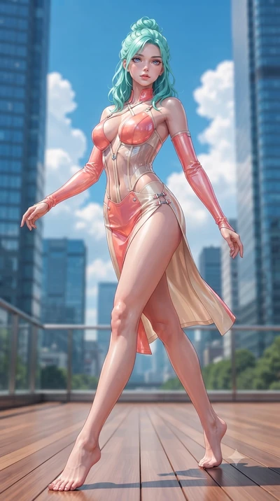 score_9, masterpiece, best quality, ultra-detailed, high-budget anime keyframe, editorial fashion photography, tasteful artistic composition, Japanese woman. low angle full-body shot from head to toe showing her feet, filling the entire 9:16 vertical