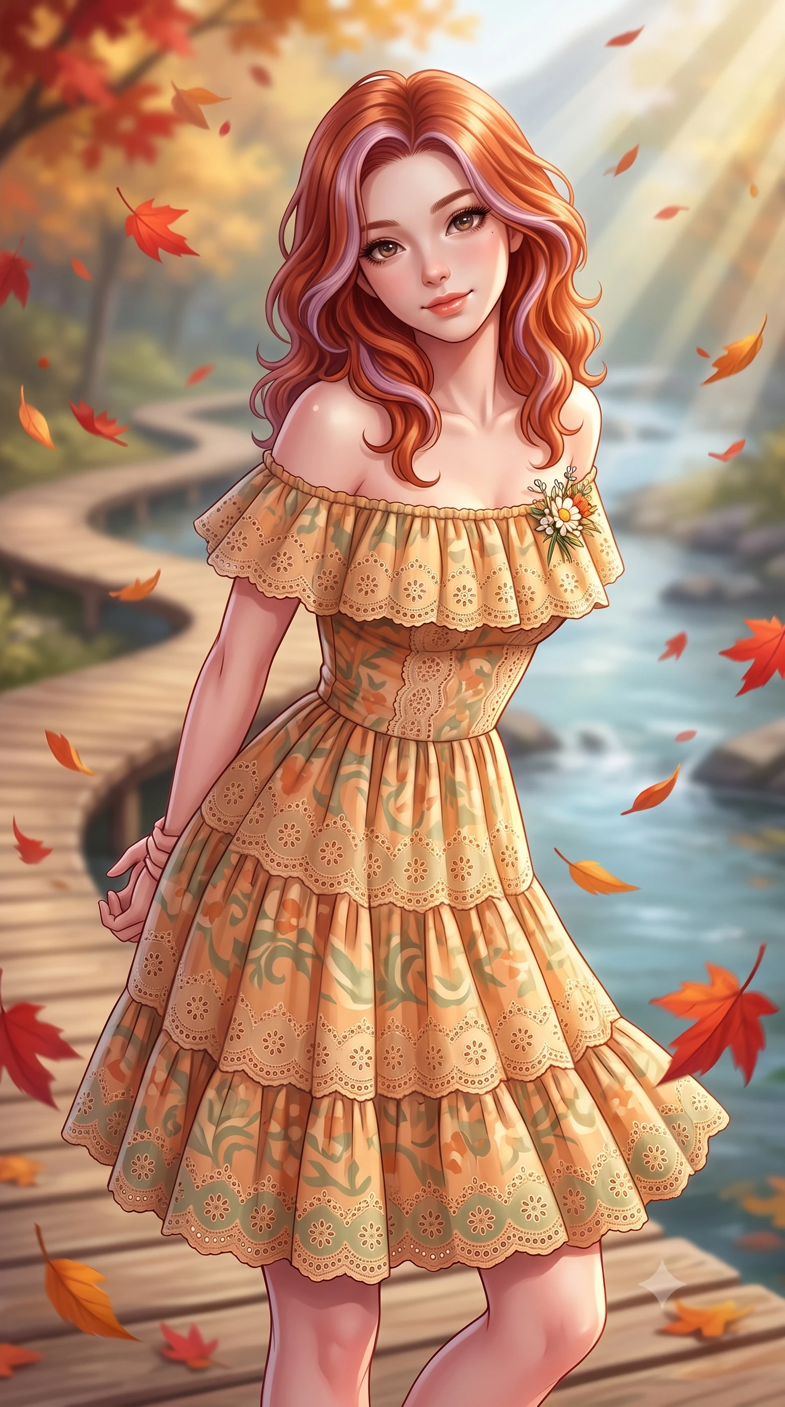 score_9, masterpiece, best quality, ultra-detailed, high-budget anime keyframe, semi-realistic 3D game render, editorial fashion photography, tasteful artistic composition, Caucasian woman. close-up cowboy shot from the waist and thighs up, the character dominates the composition, filling the frame with her large presence. clasping her hands behind her back and leaning forward playfully with a sweet, innocent girlhood expression while turning gracefully as falling scarlet and amber leaves swirl playfully around her tall, slender silhouette. The composition keeps background elements in soft focus with creamy bokeh. curving wooden boardwalks and tranquil mountain streams softened by warm shallow depth of field. She has an exceptionally elegant, slender, and willowy female figure with an ultra-slim waist, a gracefully sculpted slender torso, toned flat midriff, and a refined slim silhouette. sharp v-shaped jawline, high-bridge nose, intricate jewel-like eyes with depth, thick eyelashes, glossy lips with a natural sheen, pure and lovely fresh girlhood expression, flawlessly proportioned anatomical accuracy, strict slender model proportions, natural body alignment, perfectly sculpted long slender limbs, ultra-slim waistline, clean dynamic posture without body distortion. wearing a graceful off-shoulder cotton sundress with a ruffled neckline and tiered A-line skirt in warm apricot and sage green, woven with delicate eyelet lace and breathable cotton voile, complemented by a delicate wildflower corsage pinned to the lapel, the relaxed yet flattering fit accentuating her naturally graceful and slender figure, highlighting her youthful charm and lovely silhouette. illuminated by crisp directional sunbeams accentuating her slender waistline and cozy layered outfit. highly saturated vibrant anime colors, detailed shading with soft gradients, rich glossy textures, high-contrast stereoscopic depth, volumetric dynamic lighting, master piece, 9:16 ratio