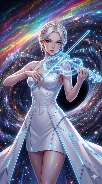 score_9, masterpiece, best quality, ultra-detailed, Set A: High-budget Anime Keyframe, Japanese woman. Upper body close-up from the thighs up, character filling the screen for maximum presence. Theme: Historical Remix. playing a holographic violin in