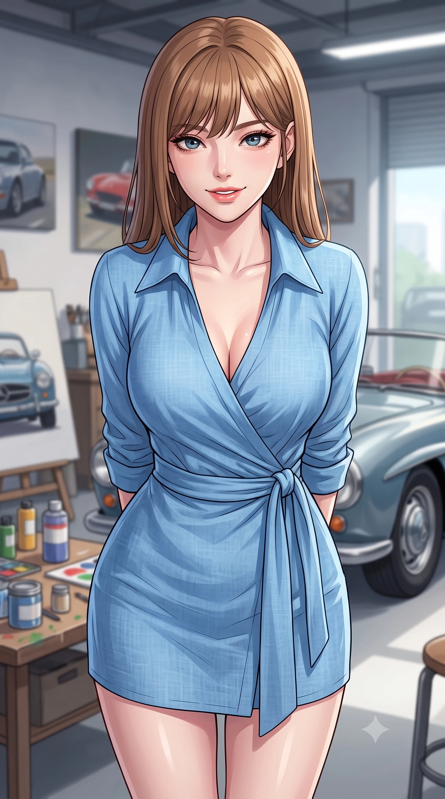 score_9, masterpiece, best quality, ultra-detailed, high-budget anime keyframe, tasteful artistic composition, Korean woman. close-up cowboy shot from the waist and thighs up, the character dominates the composition, filling the frame with her large presence, background elements kept in soft focus. leaning slightly forward with a playful, teasing smile, her gaze locked onto the viewer the background shows a soft-focus a private art studio garage filled with car canvases, paints, and a vintage roadster. She has an exceptionally elegant, slender, and willowy female figure with an ultra-slim waist, a gracefully sculpted slender torso, and a refined silhouette. sharp v-shaped jawline, high-bridge nose, intricate jewel-like eyes with depth, thick eyelashes, glossy lips with a natural sheen. wearing a body-hugging classic linen wrap shirt dress in sky blue with a structured collar and waist tie. crisp North daylight casting soft, consistent lighting over the workspace. highly saturated vibrant anime colors, cel-shading, 2d style, master piece, 9:16 ratio