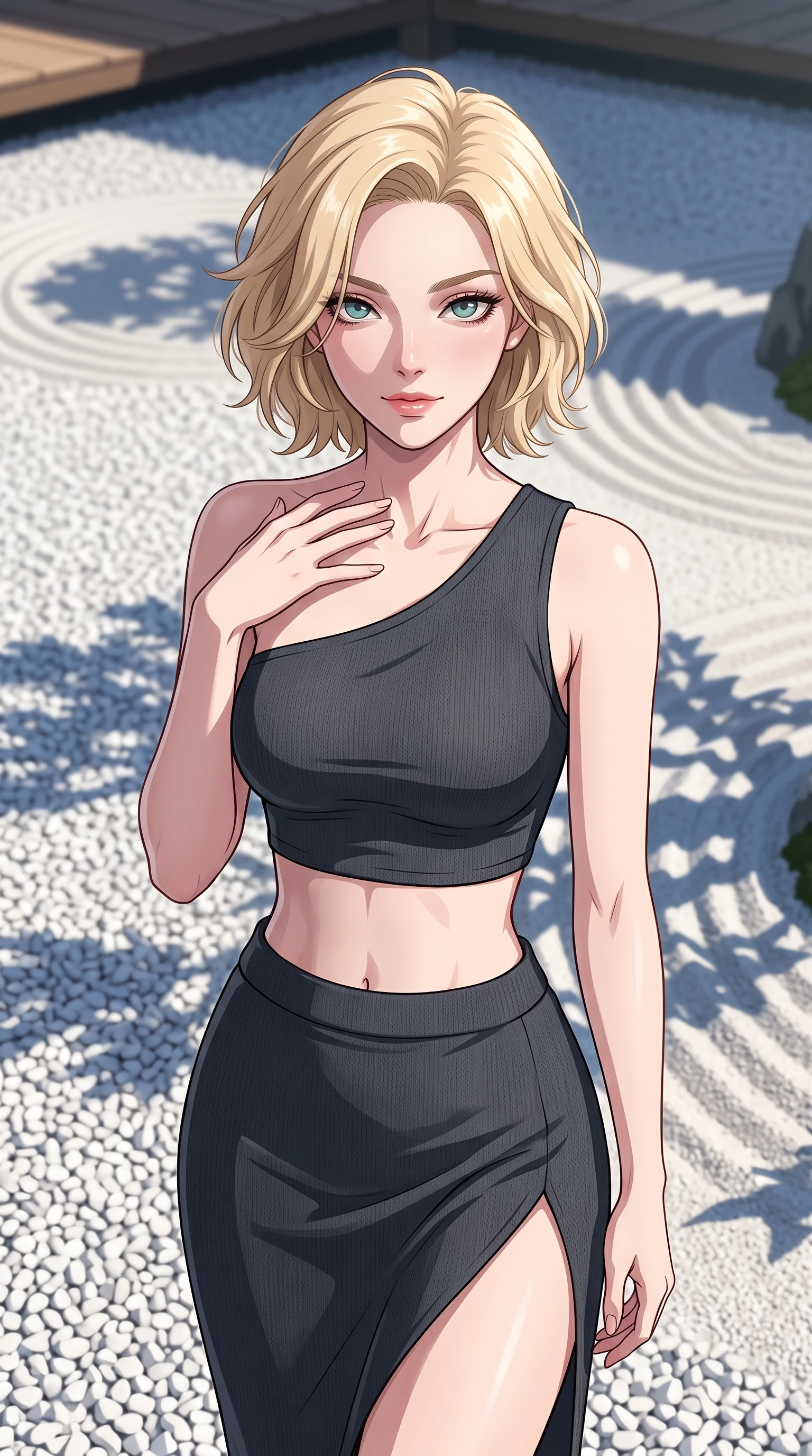 score_9, masterpiece, best quality, ultra-detailed, high-budget anime keyframe, tasteful artistic composition, Caucasian woman. close-up cowboy shot from the waist and thighs up, the character dominates the composition, filling the frame with her large presence, background elements kept in soft focus. standing with one hand resting on her collarbone, looking at the viewer with bedroom-eyes the background shows a soft-focus a private garden bonsai deck with white gravel and raked sand. She has an exceptionally elegant, slender, and willowy female figure with an ultra-slim waist, a gracefully sculpted slender torso, and a refined silhouette. sharp v-shaped jawline, high-bridge nose, intricate jewel-like eyes with depth, thick eyelashes, glossy lips with a natural sheen. wearing a slim-fit asymmetric one-shoulder crop top in charcoal knit, paired with a high-slit skirt. crisp morning sunlight casting sharp, clean shadows across the gravel. highly saturated vibrant anime colors, cel-shading, 2d style, master piece, 9:16 ratio