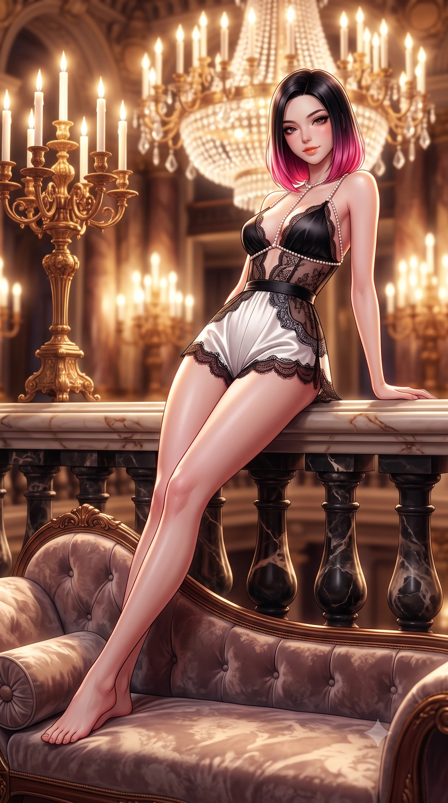 score_9, masterpiece, best quality, ultra-detailed, high-budget anime keyframe, semi-realistic 3D game render, editorial fashion photography, tasteful artistic composition, Korean woman. low angle full-body shot from head to toe showing her feet, filling the entire 9:16 vertical frame with her statuesque presence, stretching her vertical silhouette. reclining gracefully across the plush chaise lounge with one leg extended, her sculpted silhouette and flat midriff radiating magnetic nocturnal glamour while leaning against the carved onyx balustrade with hips cocked back, looking down with an intoxicating, smoldering bedroom-smile. The background shows a soft-focus ornate gilded bronze candelabras softened in magnificent Parisian opera shallow focus. She has an absolutely perfect, statuesque 8.5-heads proportion, an exceptionally tall and slender model-like female figure with impossibly long slender legs, an ultra-slim waist, a flat toned midriff, narrow delicate ribcage, and beautifully sculpted feminine hips creating a graceful, slim hourglass silhouette without any bulky heaviness. sharp v-shaped jawline, high-bridge nose, sparkling eyes with hypnotic seductive depth, thick curled eyelashes, glossy parted lips with a natural dewy peach sheen, alluring bedroom-eyes with an enchanting coquettish smile, exuding magnetic siren charisma and sophisticated glamour, flawlessly proportioned anatomical accuracy, strict slender model proportions, natural body alignment, perfectly sculpted long slender limbs, ultra-slim waistline, clean dynamic posture without body distortion. wearing a deep V-neck silk satin ballerina romper with scalloped eyelash-lace hems and a cinched satin waist ribbon in high-contrast monochrome black and optic white, made of delicate semi-sheer French Chantilly lace with intricate eyelash edges, accented with a pearl-drop body harness subtly framing her dewy collarbones and spine, the second-skin tailored fabric adhering flawlessly to her sculpted flat midriff and slender torso, emphasizing her long leg lines and perfectly proportioned willowy build. bathed in the warm radiant brilliance of thousands of crystal chandelier electric candles. highly saturated vibrant anime colors, detailed shading with soft gradients, rich glossy textures, high-contrast stereoscopic depth, volumetric dynamic lighting, master piece, 9:16 ratio