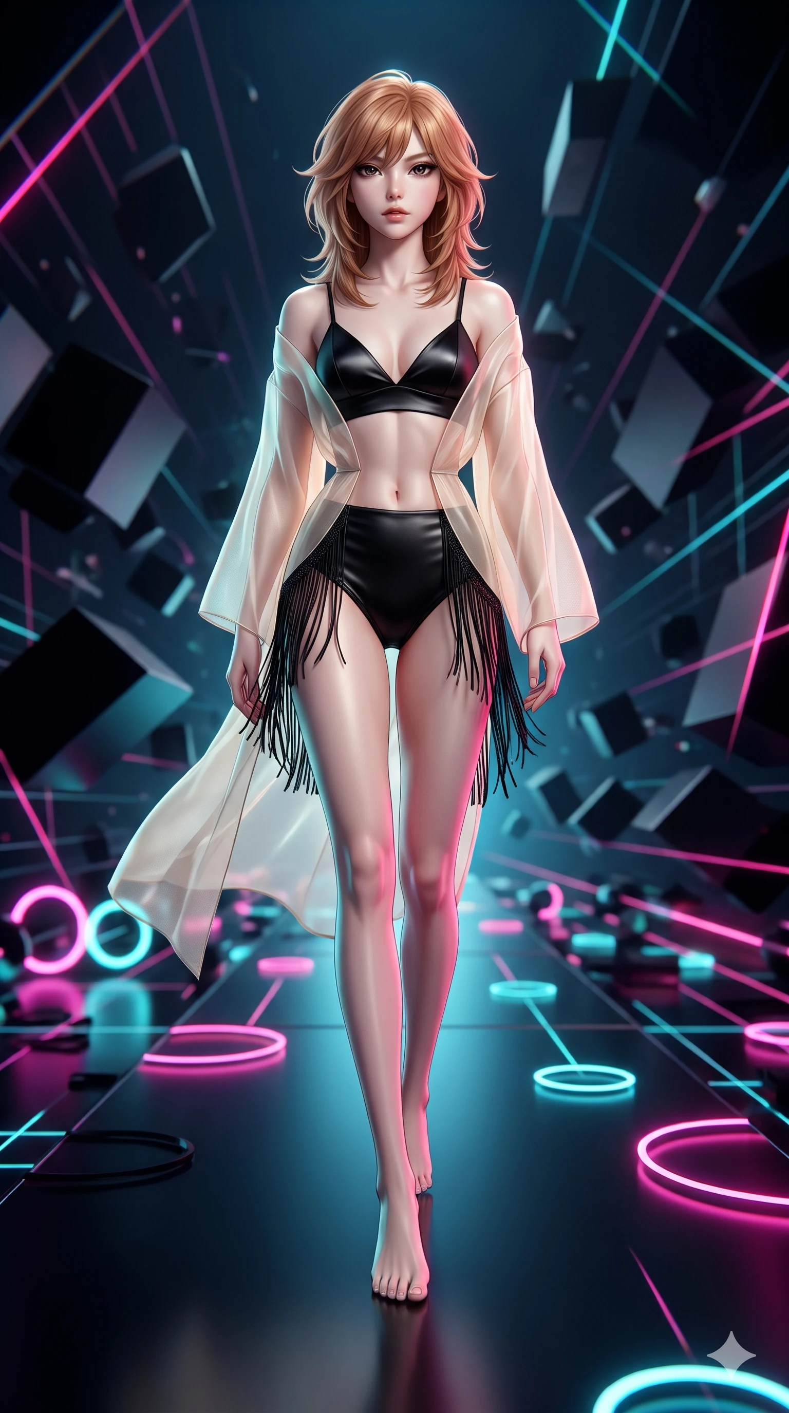 score_9, masterpiece, best quality, ultra-detailed, high-budget anime keyframe, semi-realistic 3D game render, editorial fashion photography, tasteful artistic composition, Korean woman. low angle full-body shot from head to toe showing her feet, filling the entire 9:16 vertical frame with her statuesque presence, stretching her vertical silhouette. poised on the dark reflective floor while laser grids scan the room, her statuesque silhouette commanding the frame while striding confidently along the floating monolithic platform, her long slender legs and hourglass hips commanding the infinite cyber void. The background shows a soft-focus tumbling obsidian geometric slabs, endless deep-space perspective grid lines, and glowing neon ring nodes blurred into magenta, cyan, and pitch-black bokeh. She has an absolutely perfect, statuesque 8.5-heads proportion, an exceptionally tall and slender model-like female figure with impossibly long slender legs, an ultra-slim waist, a flat toned midriff, narrow delicate ribcage, and beautifully sculpted feminine hips creating a graceful, slim hourglass silhouette without any bulky heaviness. sharp v-shaped jawline, high-bridge nose, intricate jewel-like dark sparkling eyes with hypnotic seductive depth, thick curled eyelashes, glossy parted lips with a natural wine sheen, alluring bedroom-eyes with an enigmatic smoldering smile, exuding magnetic sovereign charisma and dark avant-garde glamour, flawlessly proportioned anatomical accuracy, strict slender model proportions, natural body alignment, perfectly sculpted long slender limbs, ultra-slim waistline, clean dynamic posture without body distortion. wearing a sheer gossamer organza evening kimono slipping off bare shoulders over a matching satin micro-bralette and briefs in celestial champagne ivory and high-gloss jet black, made of supple butter-soft lambskin leather with a subtle satin sheen, finished with delicate jet-black micro-fringe fluttering softly along her hips with each step, the form-fitting cut adhering flawlessly to her sculpted flat midriff and slender torso, emphasizing her long leg lines and perfectly proportioned willowy build. bathed in high-contrast cyan and hot-magenta neon vector lines slicing across dark surfaces. highly saturated vibrant anime colors, detailed shading with soft gradients, rich glossy textures, high-contrast stereoscopic depth, volumetric dynamic lighting, master piece, 9:16 ratio