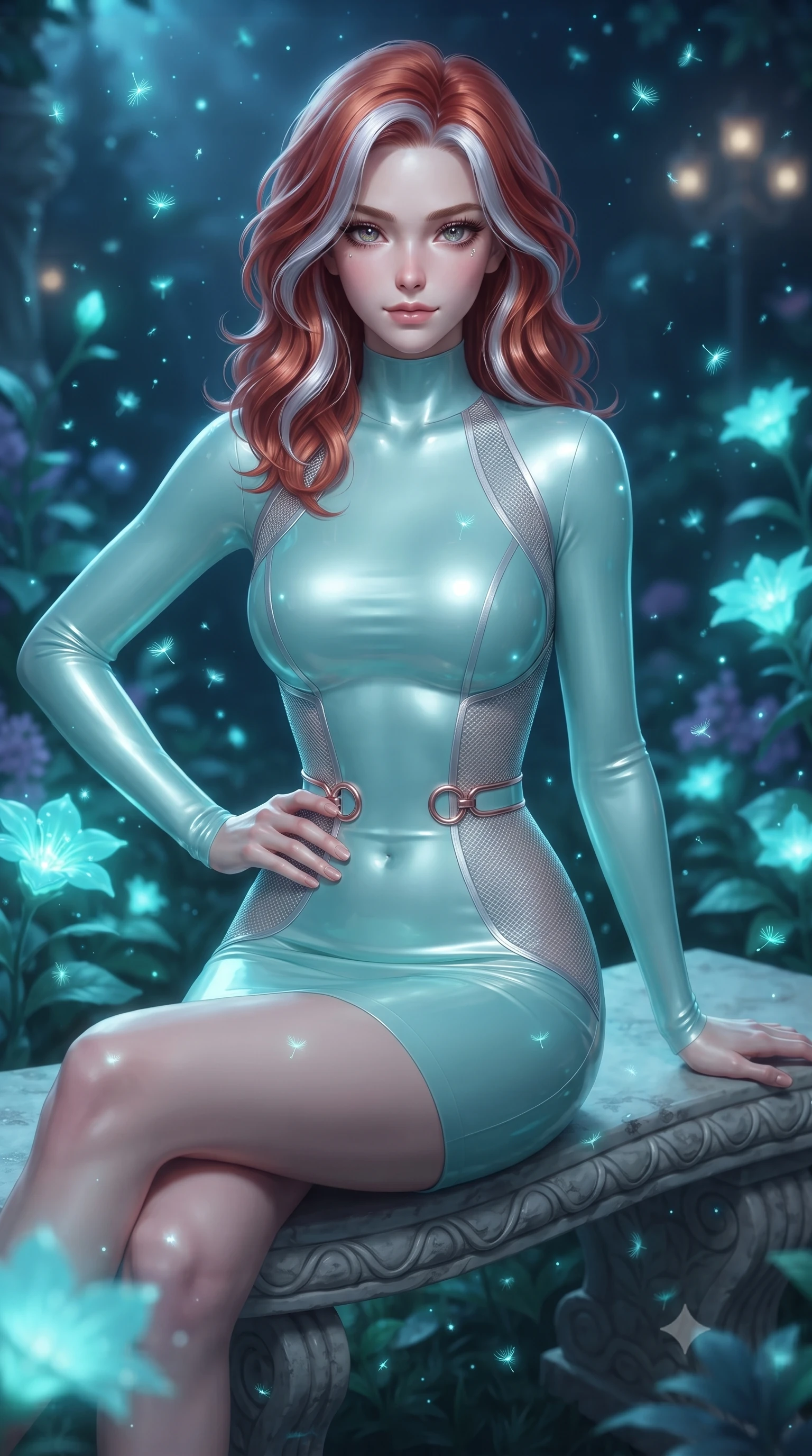 score_9, masterpiece, best quality, ultra-detailed, high-budget anime keyframe, editorial fashion photography, tasteful artistic composition, Caucasian woman. close-up cowboy shot from the waist and thighs up, the character dominates the composition, filling the frame with her large presence, background elements kept in soft focus. Holding a confident power pose with one hand on her hip, resting on a stone garden bench surrounded by floating bioluminescent pollen, fine glowing pollen particles drifting silently through the cool night air. She has an exceptionally elegant, slender, and willowy female figure with an ultra-slim waist, a gracefully sculpted slender torso, and a refined silhouette. sharp v-shaped jawline, high-bridge nose, intricate jewel-like eyes with depth, thick eyelashes, glossy lips with a natural sheen. wearing glove-like fit pale turquoise latex bodycon mini dress in pale opal seafoam, made of fine silver contouring mesh, trimmed with rose-gold ring hardware along the waist contours, following her slender form with tailored precision. illuminated by soft bioluminescent turquoise light from moonflowers and silver moonbeams. ultra-reflective glossy finish, specular highlights, metallic sheen, high-contrast stereoscopic depth, volumetric dynamic lighting, 2k, ultra detail, master piece, 9:16 ratio