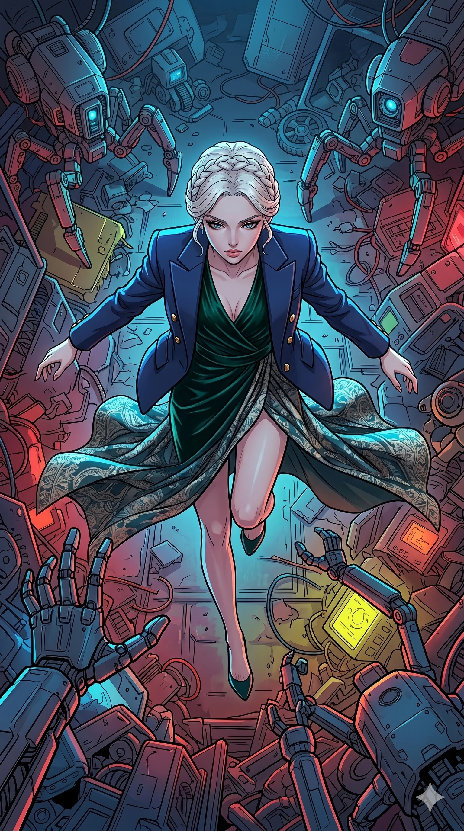 score_9, masterpiece, best quality, ultra-detailed, high-budget anime movie keyframe, cinematic anime lighting, intricate line art, Caucasian (strictly human ears) woman. Extreme high angle shot as she leaps towards the camera, filling the frame. surveying a robotic junkyard where discarded machines reach out. She has an graceful and slender female figure with elegant proportions. strictly human anatomy, two legs only, no extra limbs, clearly defined legs and arms, well-defined anatomy, perfect hands and fingers. sharp v-shaped jawline, high-bridge nose, intricate jewel-like eyes, thick eyelashes, glossy lips. Wearing High-Fashion Editorial: Sophisticated silk gown, elegant velvet dress, and a structured designer blazer. The scene is illuminated by dramatic atmospheric lighting and vibrant color palettes. , 2k, ultra detail, master piece, 9:16 ratio