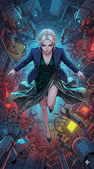 score_9, masterpiece, best quality, ultra-detailed, high-budget anime movie keyframe, cinematic anime lighting, intricate line art, Caucasian (strictly human ears) woman. Extreme high angle shot as she leaps towards the camera, filling the frame. sur