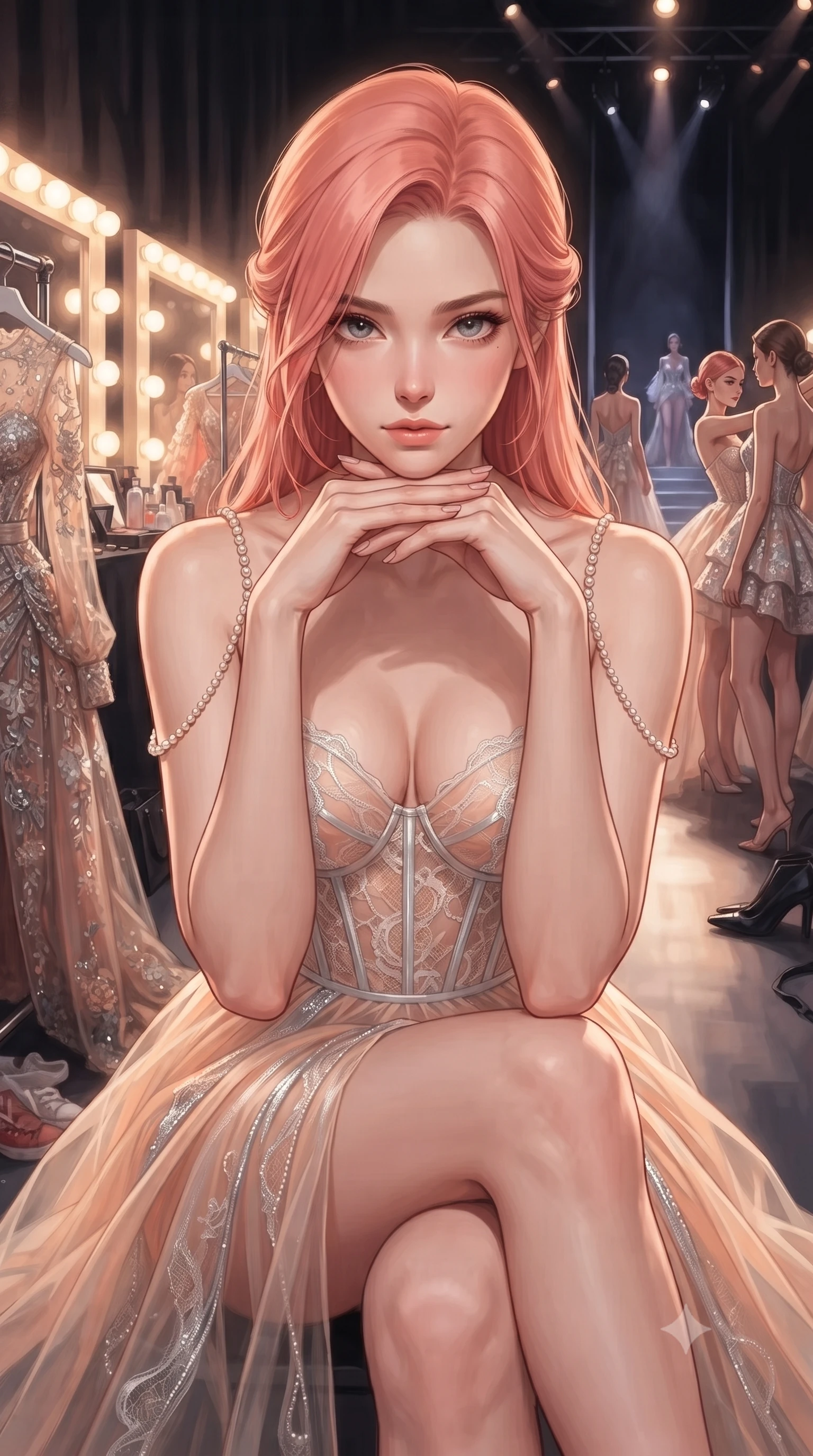 score_9, masterpiece, best quality, ultra-detailed, high-budget anime keyframe, editorial fashion photography, tasteful artistic composition, Japanese woman. close-up cowboy shot from the waist and thighs up, the character dominates the composition, filling the frame with her large presence, background elements kept in soft focus. Resting her chin on the backs of her fingers in a confident pose. set against a soft-focus background of the electrifying chaos backstage at a haute couture fashion show with Hollywood makeup mirrors surrounded by bulbs garment racks of extraordinary outfits models in final preparation and the runway entrance glowing ahead. She has an exceptionally elegant and slender, willowy female figure with an ultra-slim waist, a gracefully sculpted slender torso, and a refined slim physique. sharp v-shaped jawline, high-bridge nose, intricate jewel-like eyes with depth, thick eyelashes, glossy lips with a natural sheen. wearing a translucent gossamer gown in pale peach and silver, with pearl-chain straps and a structured lace corset bodice. bright warm Hollywood vanity mirror lighting creating glamorous flat illumination with dramatic contrast between the bright backstage prep area and the dark mysterious runway entrance. 2k, ultra detail, master piece, 9:16 ratio