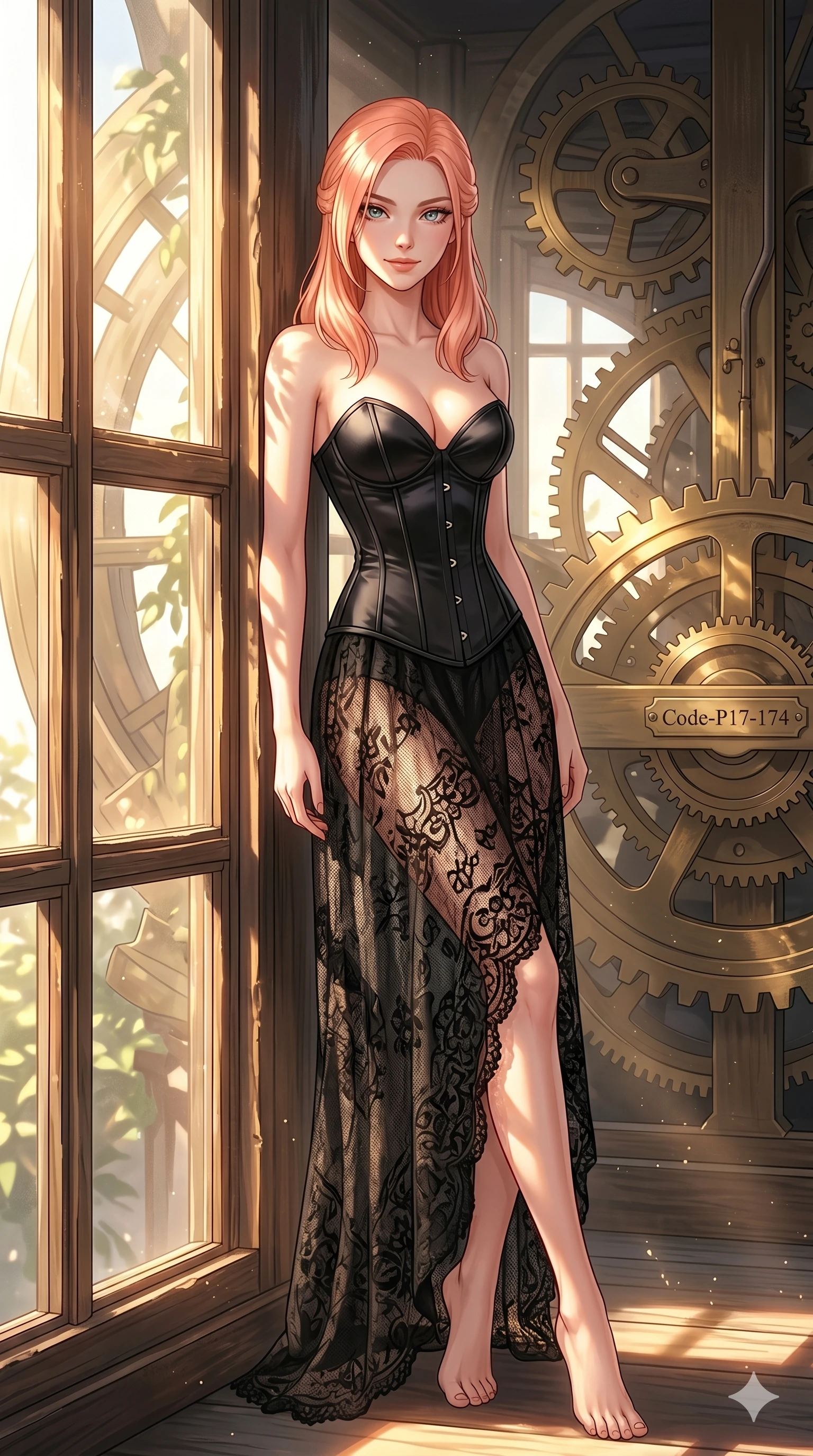 score_9, masterpiece, best quality, ultra-detailed, high-budget anime keyframe, editorial fashion photography, tasteful artistic composition, Japanese woman. cowboy shot from the thighs up, character and outfit filling the frame for maximum editorial presence. leaning against the wooden window frame, looking at the viewer with a smile in a clock tower with turning brass gears (Code-P17-174). She has an absolutely perfect 8-heads proportion, an exceptionally tall and slender female figure with impossibly long slender legs and an ultra-slim waist. V-shaped jawline, high-bridge nose, intricate jewel-like eyes with depth, thick eyelashes, glossy lips with a natural sheen. wearing a structured satin corset showing her cleavage and a sheer skirt. drenched in brilliant morning sunshine, casting long warm highlights and leaf patterns. 2k, ultra detail, master piece, 9:16 ratio