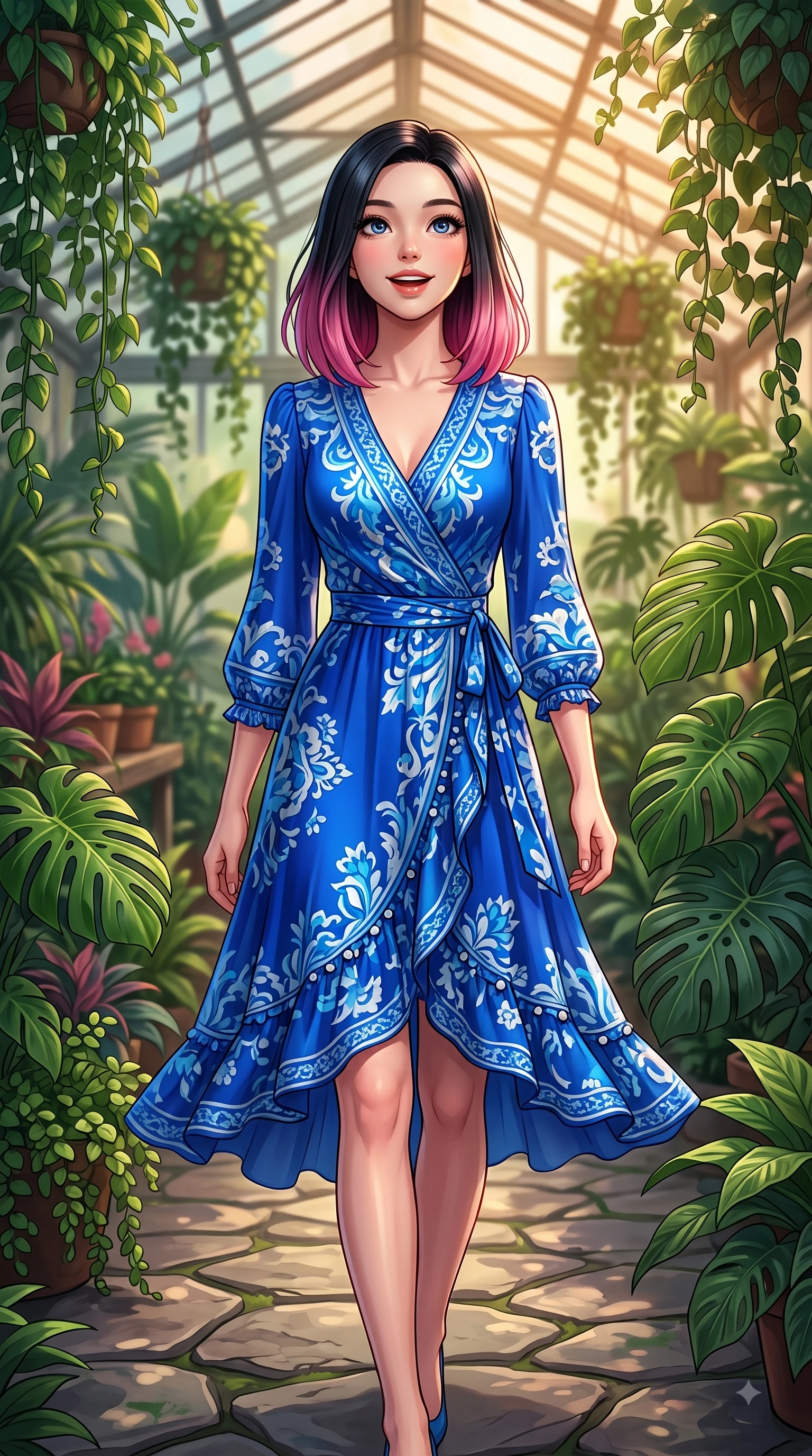 score_9, masterpiece, best quality, ultra-detailed, high-budget anime keyframe, editorial fashion photography, tasteful artistic composition, Korean woman. close-up cowboy shot from the waist and thighs up, the character dominates the composition, filling the frame with her large presence. Radiant anticipation in her face, glowing with hopeful curiosity and warm expectant energy while stepping along a stone greenhouse aisle surrounded by vibrant tropical foliage. The composition keeps background elements in soft focus with dreamy bokeh. cascading botanical vines creating a soft, organic blurred background depth. She has an exceptionally elegant, slender, and willowy female figure with an ultra-slim waist, a gracefully sculpted slender torso, and a refined silhouette. sharp v-shaped jawline, high-bridge nose, intricate jewel-like eyes with depth, thick eyelashes, glossy lips with a natural sheen, flawlessly proportioned anatomical accuracy, natural body alignment, perfectly sculpted elegant limbs, clean dynamic posture without body distortion. wearing an electric cobalt blue silk wrap dress with a graceful flowing hem in electric azure blue and cloud white, woven from fine lightweight chiffon fluttering gracefully, accented with delicate pearl buttons and refined ruffle trims, the sleek second-skin fit accentuating her magnetic presence. surrounded by a lush, vibrant, and enchanting garden editorial ambiance. highly saturated vibrant anime colors, detailed shading with soft gradients, rich glossy textures, high-contrast stereoscopic depth, volumetric dynamic lighting, master piece, 9:16 ratio