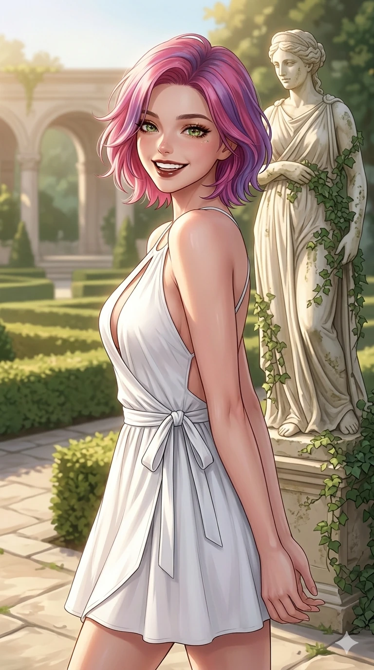 score_9, masterpiece, best quality, ultra-detailed, high-budget anime keyframe, editorial fashion photography, tasteful artistic composition, Caucasian woman, strictly human ears. cowboy shot from the thighs up, character and outfit filling the frame for maximum editorial presence. turning around with a bright, happy smile, her eyes full of warmth walking near a classic stone statue in a sunny palace garden. She has an absolutely perfect 8-heads proportion, an exceptionally tall and slender female figure with impossibly long slender legs and an ultra-slim waist. V-shaped jawline, high-bridge nose, intricate jewel-like eyes with depth, thick eyelashes, glossy lips with a natural sheen. wearing a white cotton wrap dress with a tasteful keyhole cutout and bare back. drenched in morning sunlight casting a soft, clean glow over the garden statues. 2k, ultra detail, master piece, 9:16 ratio