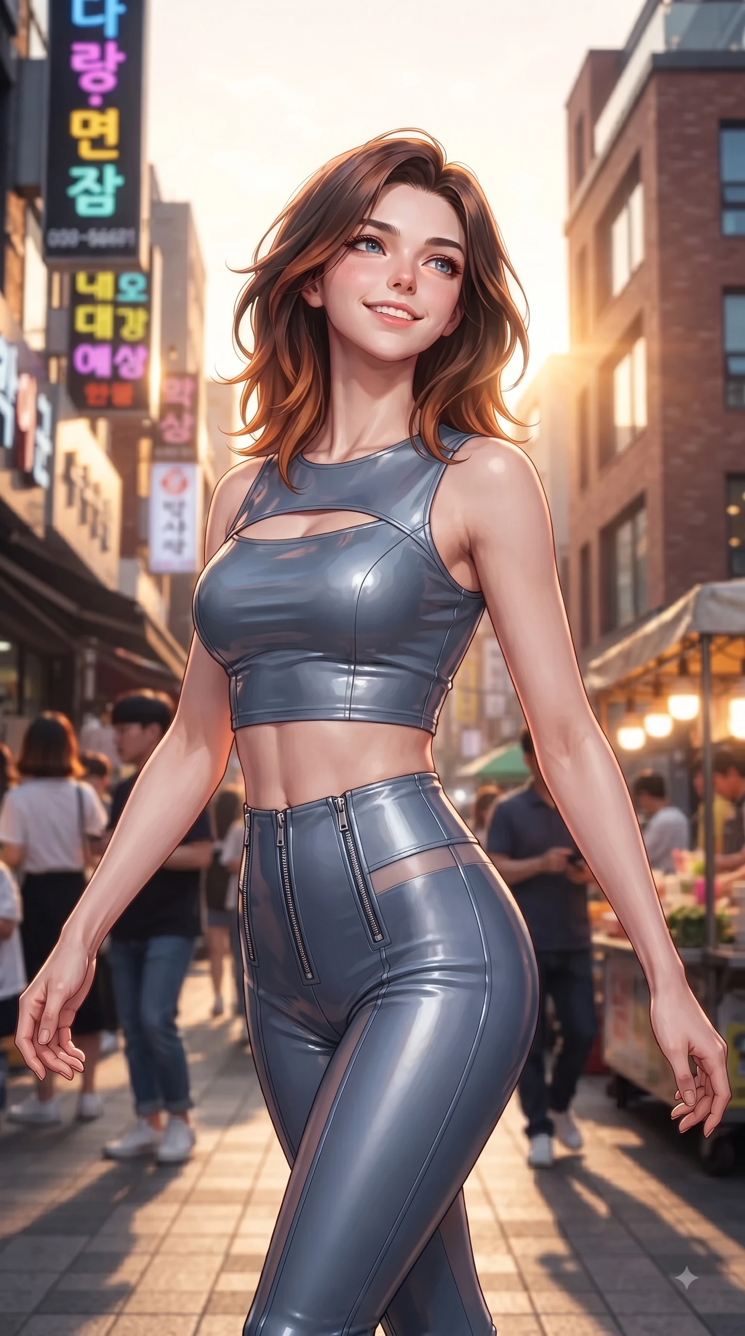 score_9, masterpiece, best quality, ultra-detailed, high-budget anime keyframe, editorial fashion photography, tasteful artistic composition, Korean woman. close-up cowboy shot from the waist and thighs up, the character dominates the composition, filling the frame with her large presence, background elements kept in soft focus. Tilting her chin up with a sweet beaming smile of pure delight while balancing dynamically amidst the scene while pivoting in a stylish stride under neon shop signs as urban sunbeams illuminate her cute smile, warm golden hour sunbursts filtering between modern brick buildings. She has an exceptionally elegant, slender, and willowy female figure with an ultra-slim waist, a gracefully sculpted slender torso, and a refined silhouette. sharp v-shaped jawline, high-bridge nose, intricate jewel-like eyes with depth, thick eyelashes, glossy lips with a natural sheen, flawlessly proportioned anatomical accuracy, natural body alignment, perfectly sculpted elegant limbs, clean dynamic posture without body distortion. wearing a glossy vinyl crop top and high-waist tailored leggings with sleek zippers in slate blue and metallic silver, woven from fine semi-opaque sheer organza, accented with a Tasteful chest slit framing her clavicle gracefully, the tailored fabric tightly following every curve of her athletic build. surrounded by a lively, trendy street aura with rich specular highlights. ultra-reflective glossy finish, specular highlights, metallic sheen, high-contrast stereoscopic depth, volumetric dynamic lighting, 2k, ultra detail, master piece, 9:16 ratio