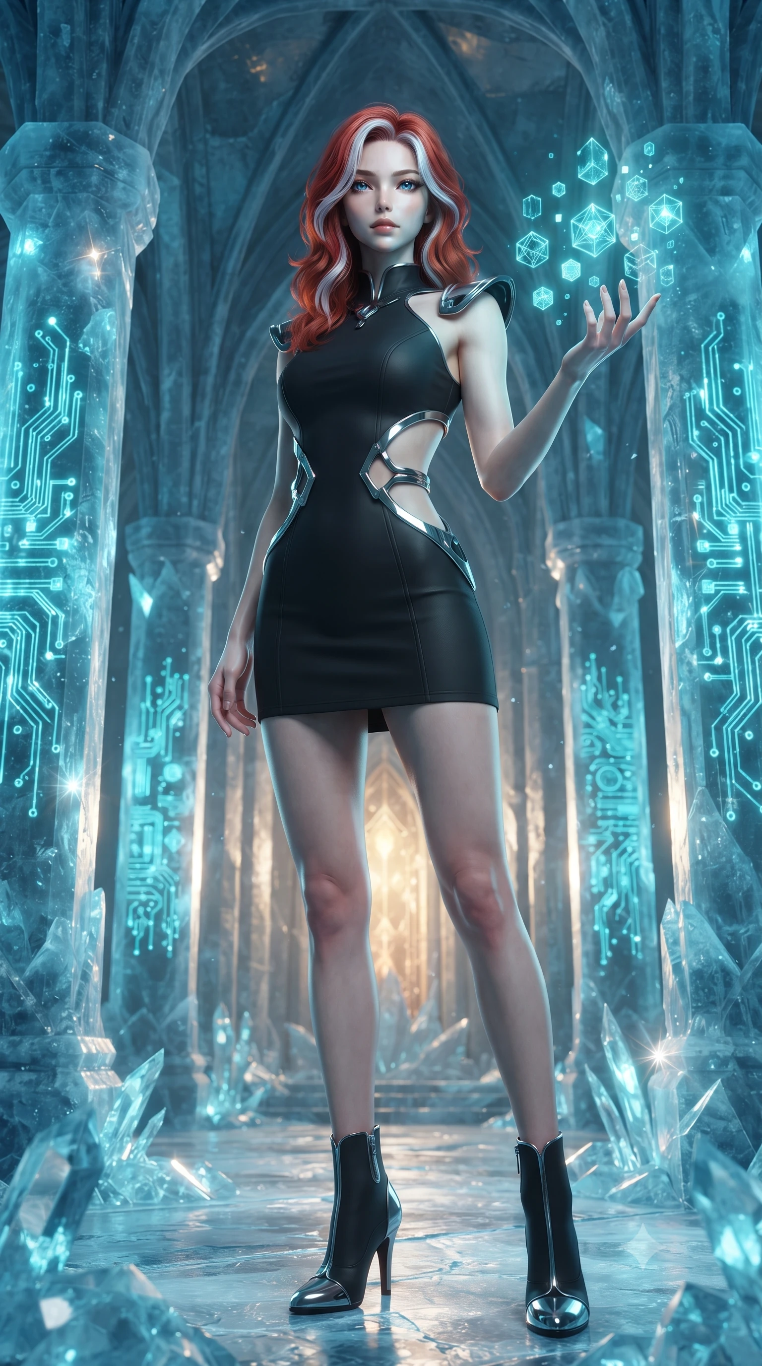 score_9, masterpiece, best quality, ultra-detailed, high-budget anime keyframe, editorial fashion photography, tasteful artistic composition, Caucasian woman. low angle full-body shot from head to toe showing her feet, filling the entire 9:16 vertical frame with her statuesque presence, stretching her vertical silhouette. interacting gracefully with the magical floating elements while maintaining a confident posture standing inside an ice cathedral with glowing cyan circuit boards frozen in pillars, sharp crystalline specular highlights emphasizing her statuesque poise. She has an absolutely perfect, statuesque 8.5-heads proportion, an exceptionally tall and slender model-like female figure with impossibly long slender legs and an ultra-slim waist. sharp v-shaped jawline, high-bridge nose, intricate jewel-like eyes with depth, thick eyelashes, glossy lips with a natural sheen. wearing a dramatic open-waist cutout mini dress in matte black framed by sculptural chrome hardware, the sleek second-skin texture accentuating her magnetic presence. lit by a dramatic clash of icy cyan neon and warm golden internal core light. ultra-reflective glossy finish, specular highlights, metallic sheen, high-contrast stereoscopic depth, volumetric dynamic lighting, 2k, ultra detail, master piece, 9:16 ratio