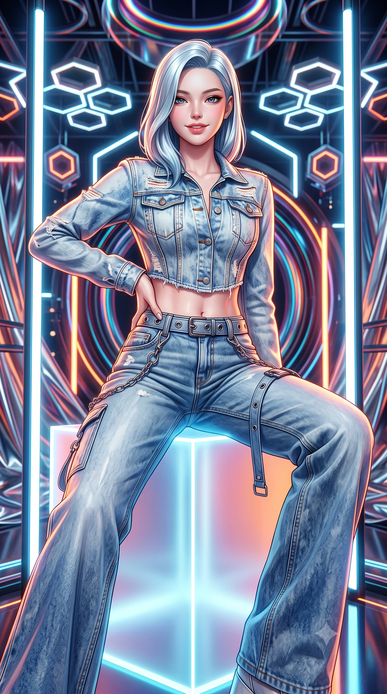 score_9, masterpiece, best quality, ultra-detailed, high-budget anime keyframe, semi-realistic 3D game render, editorial fashion photography, tasteful artistic composition, Korean woman. close-up cowboy shot from the waist and thighs up, the character dominates the composition, filling the frame with her large presence. smiling with subtle, enchanting allure and glossy parted lips, one hand resting on her waist with effortless supermodel poise while sitting poised atop a frosted neon cube with one leg extended, her statuesque silhouette framed by vertical light bars. The surrounding environment is rendered in vivid detail and crisp panoramic clarity. detailed metallic fabric reflections, chromatic aberration rings, and geometric light fixtures in high clarity. She has an exceptionally elegant, slender, and willowy female figure with an ultra-slim waist, a gracefully sculpted slender torso, toned flat midriff, and a refined slim silhouette. sharp v-shaped jawline, high-bridge nose, intricate jewel-like eyes with depth, thick eyelashes, glossy lips with a natural sheen, captivating and magnetic expression, flawlessly proportioned anatomical accuracy, strict slender model proportions, natural body alignment, perfectly sculpted long slender limbs, ultra-slim waistline, clean dynamic posture without body distortion. wearing a deconstructed denim corseted crop jacket paired with high-waisted wide-leg utility jeans and a silver grommet belt in acid-wash light denim and dark chrome, tailored from distressed structured cotton denim with metallic thread, accented with hanging industrial clip straps and chrome chain links, the form-contouring material adhering flawlessly to her sculpted flat midriff and slender torso, emphasizing her long leg lines and perfectly proportioned willowy build. illuminated by clean geometric specular highlights tracing her sculpted torso and legs. highly saturated vibrant anime colors, detailed shading with soft gradients, rich glossy textures, high-contrast stereoscopic depth, volumetric dynamic lighting, master piece, 9:16 ratio