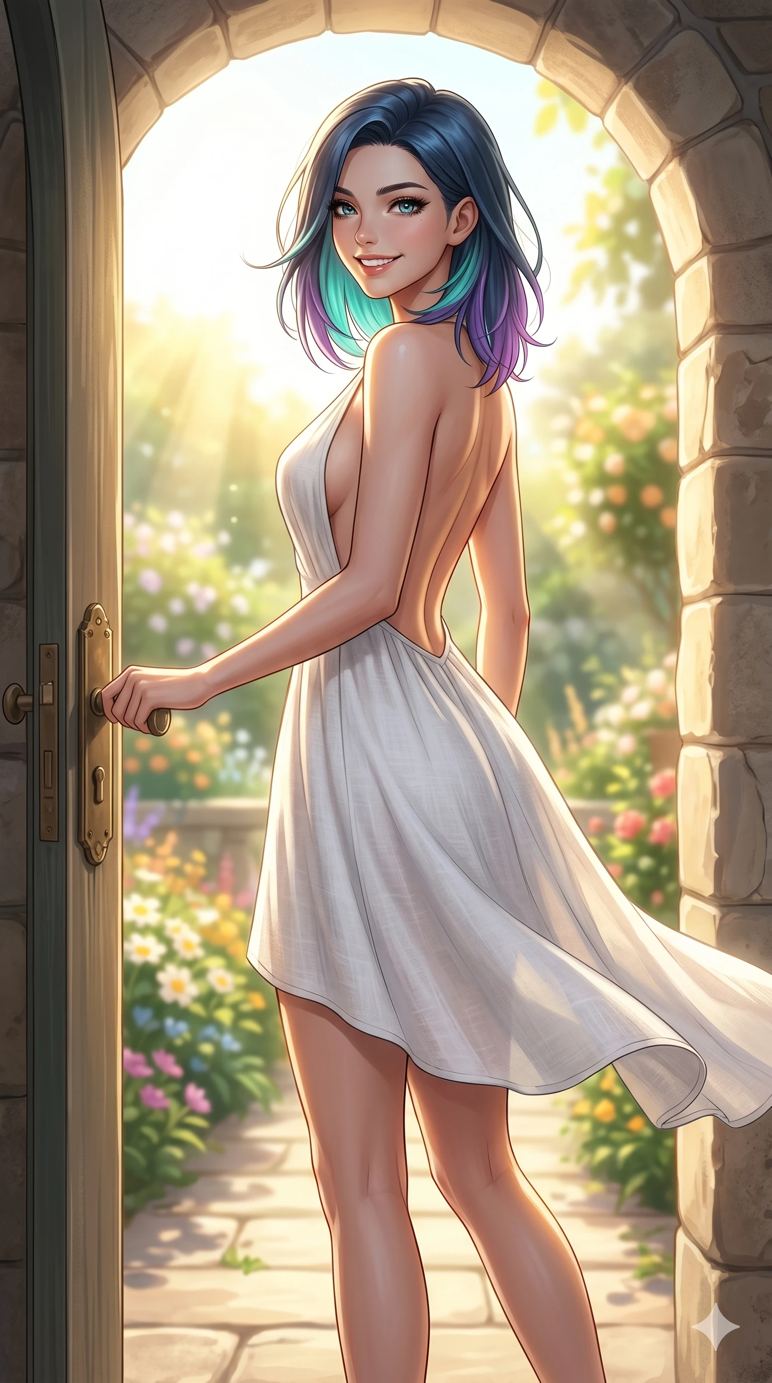 score_9, masterpiece, best quality, ultra-detailed, high-budget anime keyframe, editorial fashion photography, tasteful artistic composition, Caucasian woman, strictly human ears. cowboy shot from the thighs up, character and outfit filling the frame for maximum editorial presence. holding the door handle, looking back with a bright, happy grin standing by an arched stone door leading to a sunny terrace garden. She has an absolutely perfect 8-heads proportion, an exceptionally tall and slender female figure with impossibly long slender legs and an ultra-slim waist. V-shaped jawline, high-bridge nose, intricate jewel-like eyes with depth, thick eyelashes, glossy lips with a natural sheen. wearing a lightweight white linen dress with a deep plunging V-neck and open back. drenched in direct, bright morning sunlight casting warm golden rays on her silhouette. 2k, ultra detail, master piece, 9:16 ratio