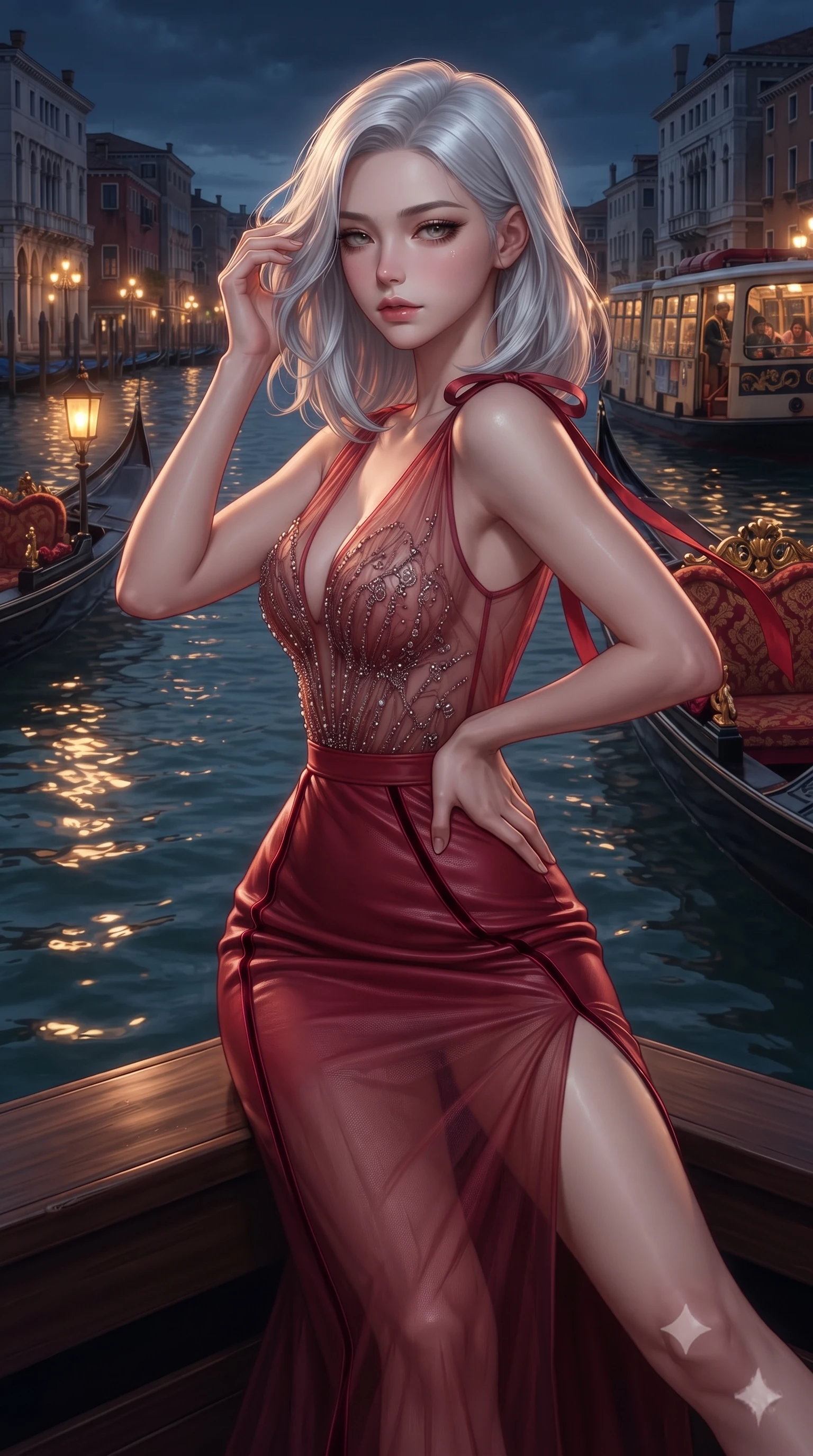 score_9, masterpiece, best quality, ultra-detailed, high-budget anime keyframe, editorial fashion photography, tasteful artistic composition, Korean woman. close-up cowboy shot from the waist and thighs up, the character dominates the composition, filling the frame with her large presence. twisting her slender torso in an alluring contrapposto stance, one hand resting on her sculpted hip while her fingers toy with her hair with effortless poise while sitting perched on the edge of the floating deck with legs extended, casting a hypnotic, heavy-lidded bedroom-gaze toward the camera. The surrounding environment is rendered in vivid detail and crisp panoramic clarity: detailed plunge-front sheer mesh gown beading, hip-high leg slit, and Venetian maritime craft in high resolution. She has an exceptionally elegant, slender, and willowy female figure with an ultra-slim waist, flat toned midriff, narrow ribcage, and sculpted feminine hips creating an alluring, slim hourglass silhouette without bulk. sharp v-shaped jawline, high-bridge nose, intricate jewel-like sparkling eyes with depth, thick eyelashes, glossy parted lips with a natural peach sheen, bright cheerful beaming smile with an enchanting and coquettish sensual glint, exuding both youthful cute charm and seductive allure, flawlessly proportioned anatomical accuracy, strict slender model proportions, natural body alignment, perfectly sculpted long slender limbs, ultra-slim waistline, clean dynamic posture without body distortion. wearing a provocative semi-sheer tulle cocktail dress with velvet ribbon piping contouring her narrow waist and hips in Venetian baroque ruby red and antique starlight silver, woven from buttery-soft stretch lambskin leather adhering to her body like a second skin, finished with satin ribbon ties at the shoulders fluttering in the gentle breeze, the glove-like clinging cut tightly following the natural contour of her hips and long slender legs with youthful 8.5-heads elegance. bathed in the warm dancing 2400K incandescent glow of brass gondola lanterns reflecting in rippling water. ultra-reflective glossy finish, specular highlights, rich textural contrasts, high-contrast stereoscopic depth, volumetric dynamic lighting, 2k, ultra detail, master piece, 9:16 ratio