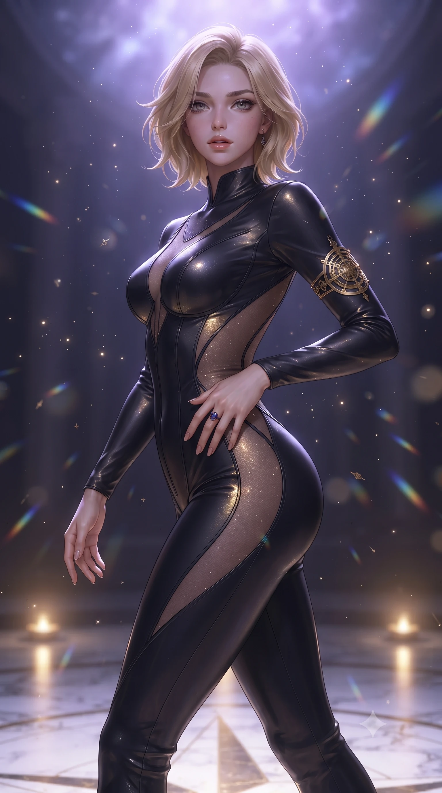 score_9, masterpiece, best quality, ultra-detailed, high-budget anime keyframe, editorial fashion photography, tasteful artistic composition, Caucasian woman. close-up cowboy shot from the waist and thighs up, the character dominates the composition, filling the frame with her large presence. resting one manicured hand delicately on her hip bone, her upper body turning in a fluid, seductive S-curve while parted lips glisten in the light while striding across the illuminated marble star-chart floor, hips swaying with sovereign cosmic empress charisma. The composition keeps background elements in soft focus with creamy bokeh. floating stardust flecks and prismatic telescope lens refractions scattering ethereal light motes. She has an exceptionally elegant, slender, and willowy female figure with an ultra-slim waist, a gracefully sculpted slender torso, toned flat midriff, and rounded feminine hips creating an alluring hourglass silhouette. sharp v-shaped jawline, high-bridge nose, intricate jewel-like eyes with depth, thick eyelashes, glossy parted lips with a natural sheen, intensely captivating and seductive bedroom-eyes expression, flawlessly proportioned anatomical accuracy, strict slender model proportions, natural body alignment, perfectly sculpted long slender limbs, ultra-slim waistline, clean dynamic posture without body distortion. wearing a second-skin starlight catsuit with sheer mesh constellation cutouts tracing her spine and curvy hips in midnight obsidian black and liquid stardust gold, tailored from fluid silk crepe with delicate inner corsetry boning, accessorized with an intricate brass astrolabe armlet and sapphire ring, the liquid-tight tailored fabric clinging flawlessly to her narrow waist and rounded feminine hips, emphasizing every millimeter of her sculpted hourglass curves during movement. bathed in cool violet nebula glow from above and warm golden brass indicator uplights. ultra-reflective glossy finish, specular highlights, rich textural contrasts, high-contrast stereoscopic depth, volumetric dynamic lighting, 2k, ultra detail, master piece, 9:16 ratio