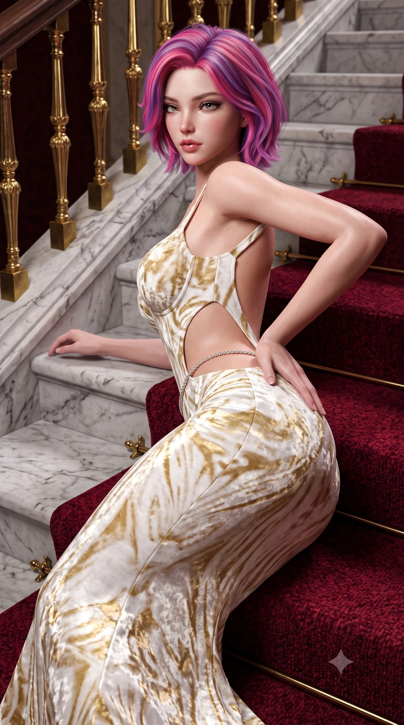 score_9, masterpiece, best quality, ultra-detailed, high-budget anime keyframe, semi-realistic 3D game render, editorial fashion photography, tasteful artistic composition, Caucasian woman. close-up cowboy shot from the waist and thighs up, the character dominates the composition, filling the frame with her large presence. posing in an alluring rear three-quarter angle, arching her lower back in a pronounced S-curve with one hand on her hip, glancing seductively over her bare shoulder with parted glossy lips while reclining on the broad marble stair landing propped on one elbow, her long slender legs and sculpted waist commanding the opulent Belle Époque space. The surrounding environment is rendered in vivid detail and crisp panoramic clarity. sharp Italian marble step veining, plush crimson carpet weave, and gilded brass baluster details in deep focus. She has an exceptionally elegant, slender, and willowy female figure with an ultra-slim waist, flat toned midriff, narrow ribcage, and sculpted feminine hips creating an alluring, slim hourglass silhouette without bulk. sharp v-shaped jawline, high-bridge nose, intricate jewel-like eyes with depth, thick eyelashes, glossy parted lips with a natural sheen, intensely captivating and seductive bedroom-eyes expression, flawlessly proportioned anatomical accuracy, strict slender model proportions, natural body alignment, perfectly sculpted long slender limbs, ultra-slim waistline, clean dynamic posture without body distortion. wearing a deep sweetheart neckline crushed velvet corseted ballgown with an exposed midriff cutout in pure alabaster white and sun-kissed gold, tailored from liquid silk jersey adhering flawlessly to her slender build, accented with a dainty diamond waist chain catching the ambient light reflections, the precision-cut side openings and low-back scoop framing her graceful spine and the sensual sweep of her slim, toned hips. illuminated by crisp directional spotlights sharply defining her sculpted collarbones, ultra-slim waist, and curvy hips. highly saturated vibrant anime colors, detailed shading with soft gradients, rich glossy textures, high-contrast stereoscopic depth, volumetric dynamic lighting, master piece, 9:16 ratio