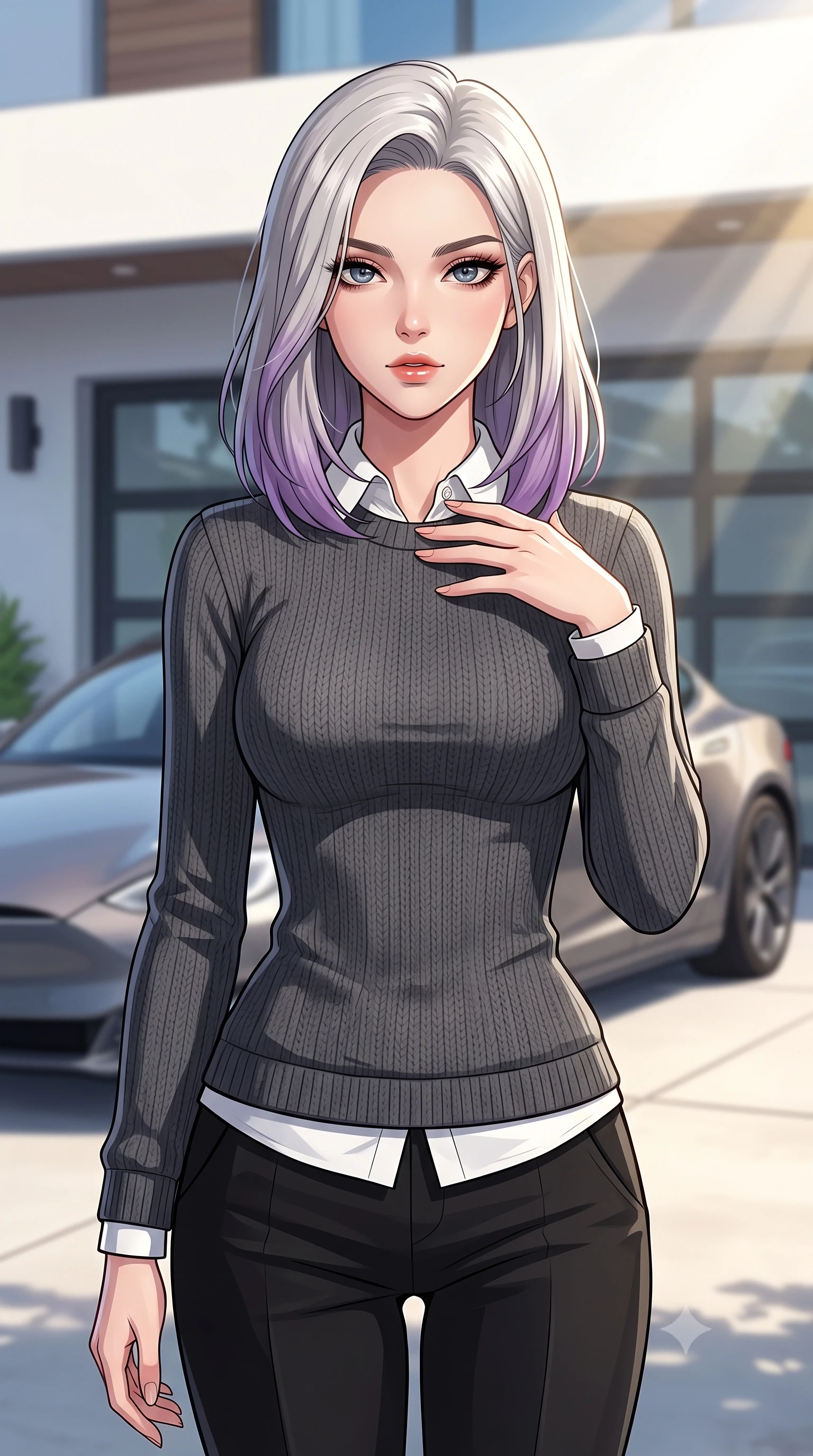 score_9, masterpiece, best quality, ultra-detailed, high-budget anime keyframe, tasteful artistic composition, Caucasian woman. close-up cowboy shot from the waist and thighs up, the character dominates the composition, filling the frame with her large presence, background elements kept in soft focus. standing with one hand resting on her collarbone, looking at the viewer with bedroom-eyes the background shows a soft-focus a modern villa driveway with a sleek electric car and glass garage doors. She has an exceptionally elegant, slender, and willowy female figure with an ultra-slim waist, a gracefully sculpted slender torso, and a refined silhouette. sharp v-shaped jawline, high-bridge nose, intricate jewel-like eyes with depth, thick eyelashes, glossy lips with a natural sheen. wearing a body-hugging cozy charcoal grey knit sweater over a white collared shirt and black slacks. bright morning sun rays creating fresh and energetic shadows. highly saturated vibrant anime colors, cel-shading, 2d style, master piece, 9:16 ratio