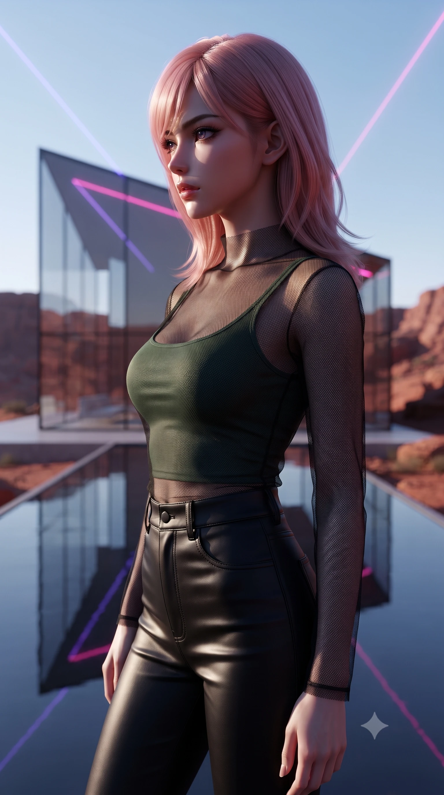 score_9, masterpiece, best quality, ultra-detailed, high-budget anime keyframe, editorial fashion photography, tasteful artistic composition, Japanese woman. close-up cowboy shot from the waist and thighs up, the character dominates the composition, filling the frame with her large presence, background elements kept in soft focus. Turning her face in sharp dramatic profile against the light. set against a soft-focus background of a minimalist glass house with sharp geometric angles set in a red rock desert landscape with an infinity reflecting pool that mirrors the cloudless sky and clean architectural lines cutting against natural rock formations. She has an exceptionally elegant and slender, willowy female figure with an ultra-slim waist, a gracefully sculpted slender torso, and a refined slim physique. sharp v-shaped jawline, high-bridge nose, intricate jewel-like eyes with depth, thick eyelashes, glossy lips with a natural sheen. wearing a transparent black mesh top over a fitted dark green tank top, paired with high-waisted leather trousers. laser lines of violet and hot pink reflecting off surfaces casting geometric neon highlights. 2k, ultra detail, master piece, 9:16 ratio