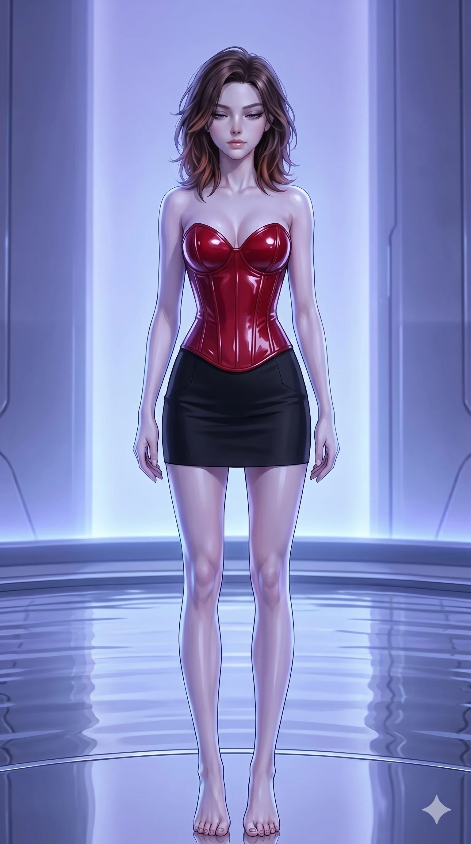 score_9, masterpiece, best quality, ultra-detailed, high-budget anime keyframe, editorial fashion photography, tasteful artistic composition, Korean woman. cowboy shot from the thighs up, character and outfit filling the frame for maximum editorial presence. Arching her neck slightly with her eyes half-closed in composure at the edge of a cybernetic lake where the water is a perfectly reflective silver mirror. She has an absolutely perfect 8-heads proportion, an exceptionally tall and slender female figure with impossibly long slender legs and an ultra-slim waist. V-shaped jawline, high-bridge nose, intricate jewel-like eyes with depth, thick eyelashes, glossy lips with a natural sheen. wearing a structured corset in high-gloss cherry red latex-effect fabric with a sweetheart neckline, paired with a high-waist tailored black mini-skirt. bathed in cool ethereal blue-violet bioluminescent glow that highlights her form from all sides. 2k, ultra detail, master piece, 9:16 ratio
