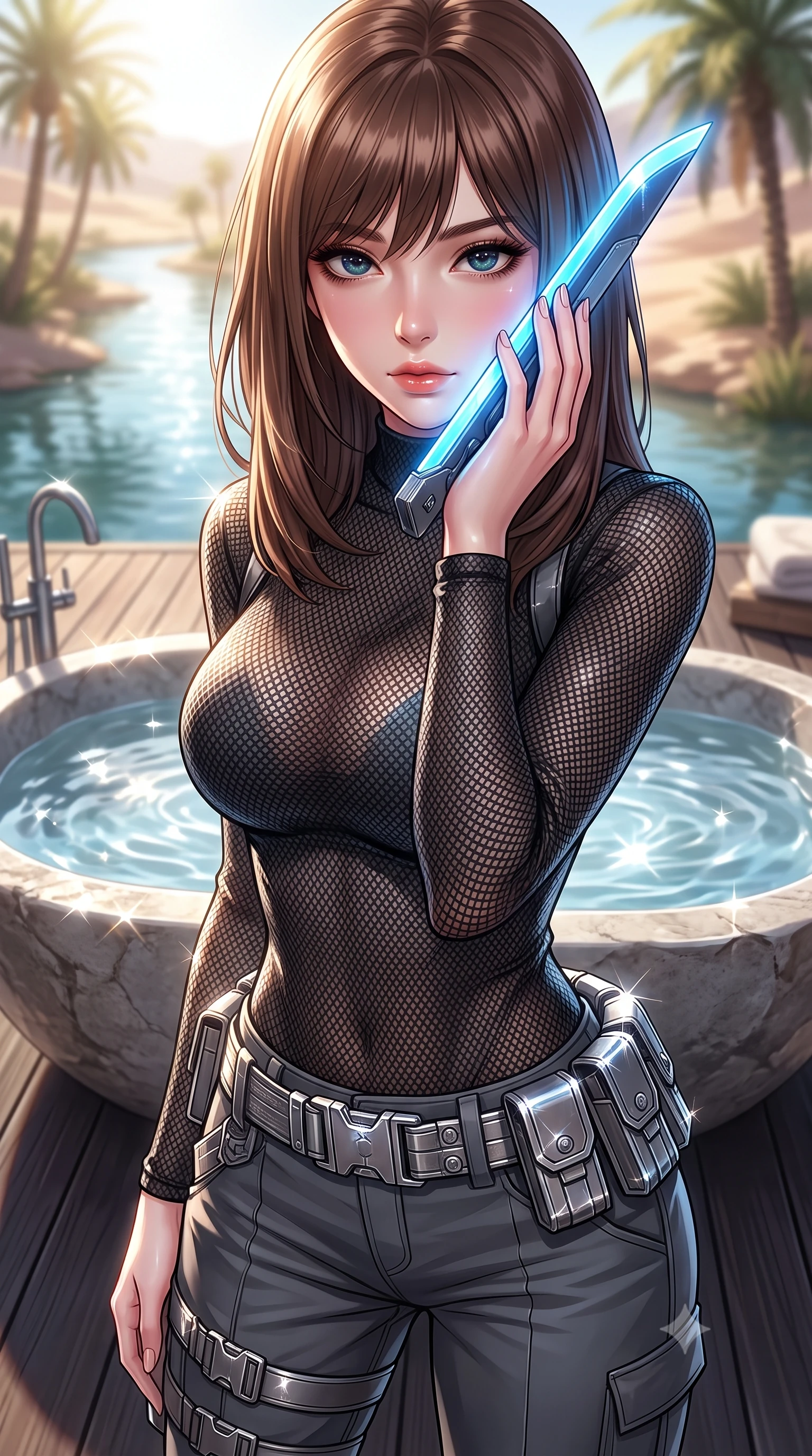 score_9, masterpiece, best quality, ultra-detailed, high-budget anime keyframe, editorial fashion photography, tasteful artistic composition, Korean woman. close-up cowboy shot from the waist and thighs up, the character dominates the composition, filling the frame with her large presence, background elements kept in soft focus. pressing the flat side of a glowing vibro-blade against her cheek, locking eyes with the viewer with bedroom-eyes, the background shows a soft-focus a stone bath tub on a private deck overlooking a quiet desert oasis stream. She has an exceptionally elegant, slender, and willowy female figure with an ultra-slim waist, a gracefully sculpted slender torso, and a refined silhouette. sharp v-shaped jawline, high-bridge nose, intricate jewel-like eyes with depth, thick eyelashes, glossy lips with a natural sheen. wearing a form-contouring high-neck carbon-mesh tactical shirt tucked into structured combat trousers with metallic utility belts. bright morning sun rays creating sparkling glints on the water and her form. highly saturated vibrant anime colors, detailed shading with soft gradients, rich glossy textures, high-contrast stereoscopic depth, volumetric dynamic lighting, master piece, 9:16 ratio