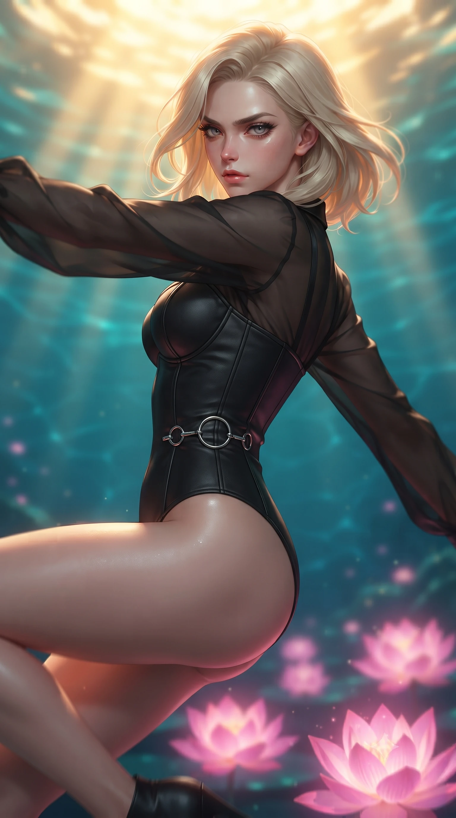 score_9, masterpiece, best quality, ultra-detailed, high-budget anime keyframe, editorial fashion photography, tasteful artistic composition, Caucasian woman. close-up cowboy shot from the waist and thighs up, the character dominates the composition, filling the frame with her large presence, background elements kept in soft focus. Pivoting sharply while looking back over her shoulder with heavy lashes and a confident, intense gaze while floating underwater in a dynamic mid-air spin over a glowing lotus reef in a subterranean lagoon, intense golden sunbeams penetrating deep turquoise water creating caustic light ripples. She has an exceptionally elegant, slender, and willowy female figure with an ultra-slim waist, a gracefully sculpted slender torso, and a refined silhouette. sharp v-shaped jawline, high-bridge nose, intricate jewel-like eyes with depth, thick eyelashes, glossy lips with a natural sheen, flawlessly proportioned anatomical accuracy, natural body alignment, perfectly sculpted elegant limbs, clean dynamic posture without body distortion. wearing a tailored leather bustier over a sheer silk chiffon blouse in matte black and polished silver, crafted from smooth liquid silk, accented with delicate chrome ring hardware framing her waist, the glove-like fit emphasizing her statuesque silhouette during motion. illuminated by radiant pink bioluminescence and warm golden top lighting. ultra-reflective glossy finish, specular highlights, metallic sheen, high-contrast stereoscopic depth, volumetric dynamic lighting, 2k, ultra detail, master piece, 9:16 ratio