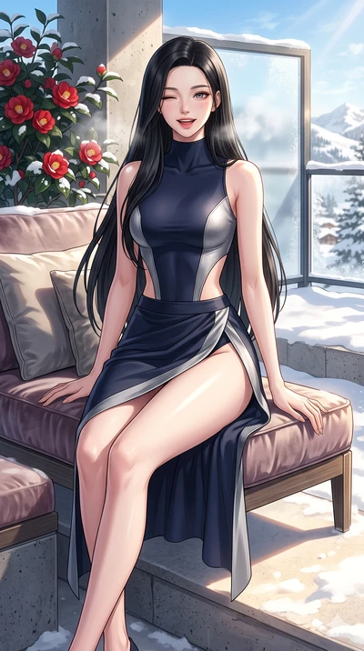 score_9, masterpiece, best quality, ultra-detailed, high-budget anime keyframe, vibrant anime aesthetic, Korean woman. cowboy shot from the thighs up, character and outfit filling the frame for maximum presence. She is sitting in a sunlit lounge, win