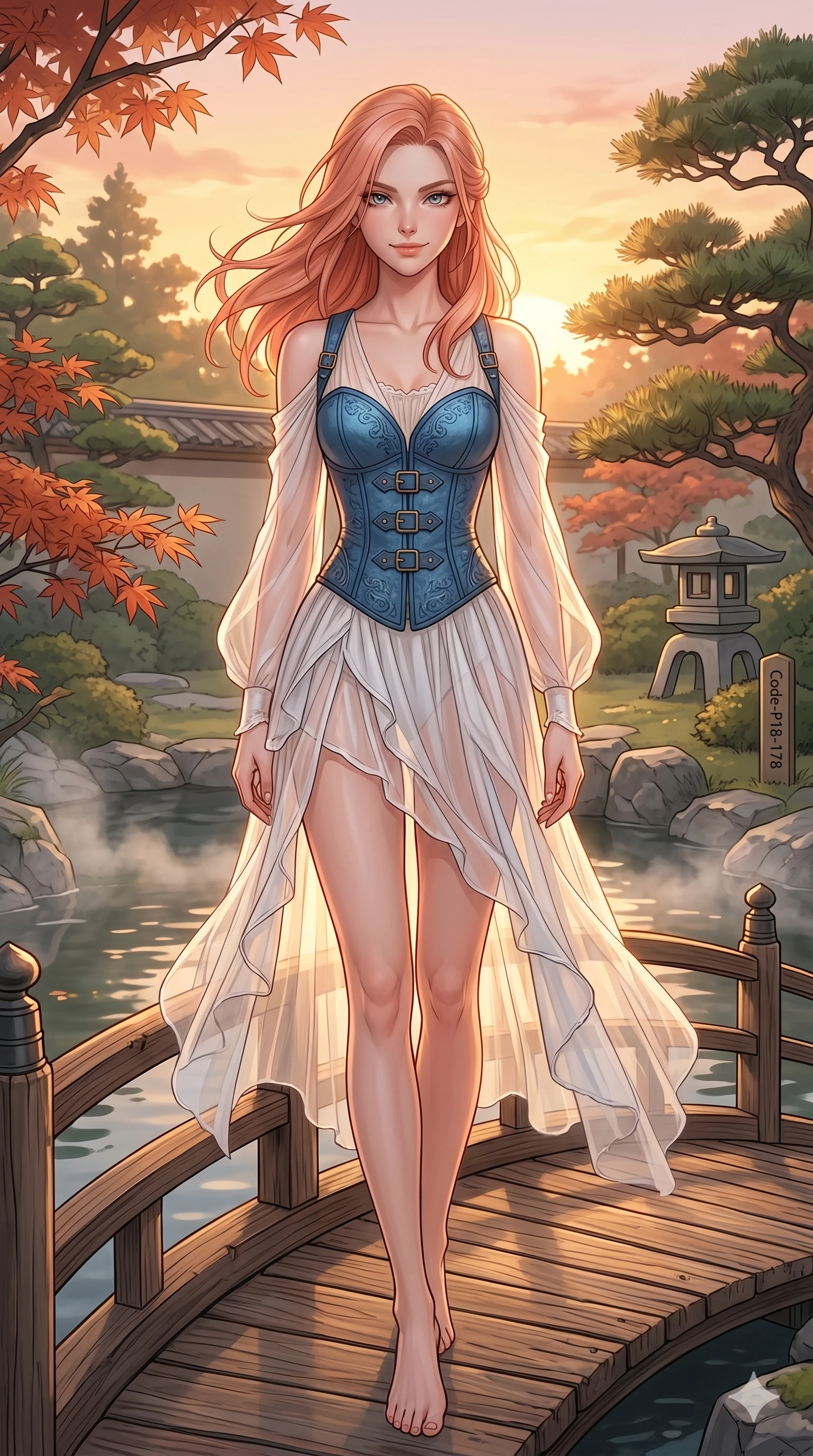 score_9, masterpiece, best quality, ultra-detailed, high-budget anime keyframe, editorial fashion photography, tasteful artistic composition, Japanese woman. cowboy shot from the thighs up, character and outfit filling the frame for maximum editorial presence. posing with quiet self-assurance, looking directly into the lens with a confident grin on a wooden bridge in a traditional Japanese garden with mist rising softly (Code-P18-178). She has an absolutely perfect 8-heads proportion, an exceptionally tall and slender female figure with impossibly long slender legs and an ultra-slim waist. V-shaped jawline, high-bridge nose, intricate jewel-like eyes with depth, thick eyelashes, glossy lips with a natural sheen. wearing a sheer chiffon dress with a blue corset bodice. bathed in warm golden afternoon sunbeams, casting a warm glowing aura on her. 2k, ultra detail, master piece, 9:16 ratio