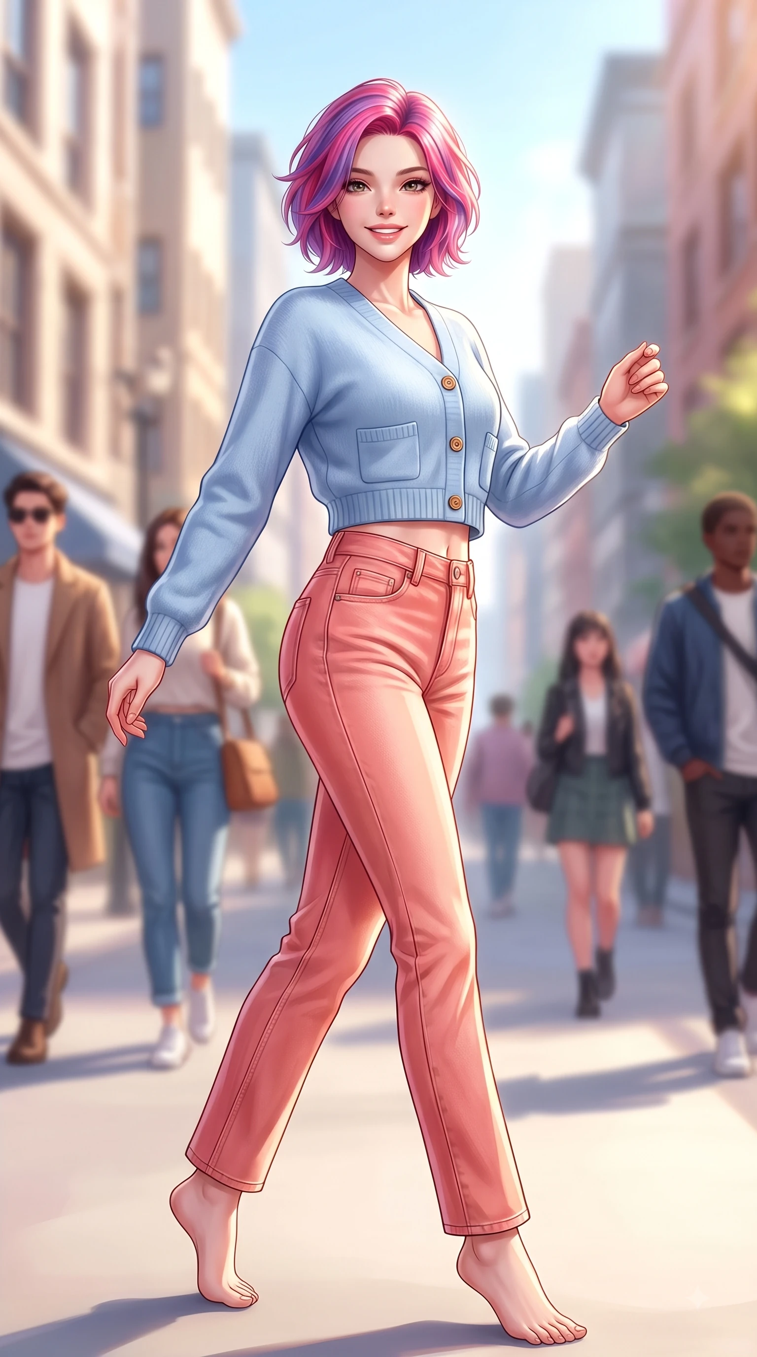 score_9, masterpiece, best quality, ultra-detailed, high-budget anime keyframe, editorial fashion photography, tasteful artistic composition, Caucasian woman. low angle full-body shot from head to toe showing her feet, filling the entire 9:16 vertical frame with her statuesque presence, stretching her vertical silhouette. performing a cheerful mid-motion turn with flawless poise, her radiant smile capturing fresh girlhood energy while pivoting in a stylish stride under bright sunbeams on a bustling college town fashion avenue. The composition keeps background elements in soft focus with dreamy bokeh. sunlit urban architecture and stylish passersby blurred seamlessly in the background. She has an absolutely perfect, statuesque 8.5-heads proportion, an exceptionally tall and slender model-like female figure with impossibly long slender legs and an ultra-slim waist. sharp v-shaped jawline, high-bridge nose, intricate jewel-like eyes with depth, thick eyelashes, glossy lips with a natural sheen, flawlessly proportioned anatomical accuracy, natural body alignment, perfectly sculpted elegant limbs, clean dynamic posture without body distortion. wearing a casual chic pastel blue cropped cardigan with high-rise straight-leg denim jeans in warm coral pink and champagne ivory, knitted from soft cozy cashmere yarn, finished with neat front wooden buttons and pocket details, the tailored casual silhouette highlighting her fresh and youthful presence. surrounded by a trendy, youthful, and energetic fashion street aura. highly saturated vibrant anime colors, detailed shading with soft gradients, rich glossy textures, high-contrast stereoscopic depth, volumetric dynamic lighting, master piece, 9:16 ratio
