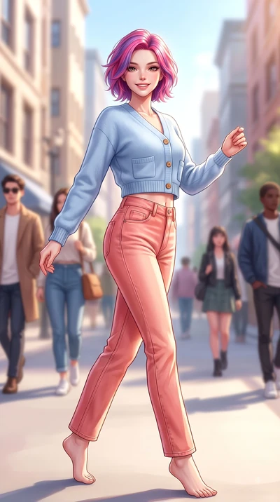 score_9, masterpiece, best quality, ultra-detailed, high-budget anime keyframe, editorial fashion photography, tasteful artistic composition, Caucasian woman. low angle full-body shot from head to toe showing her feet, filling the entire 9:16 vertica