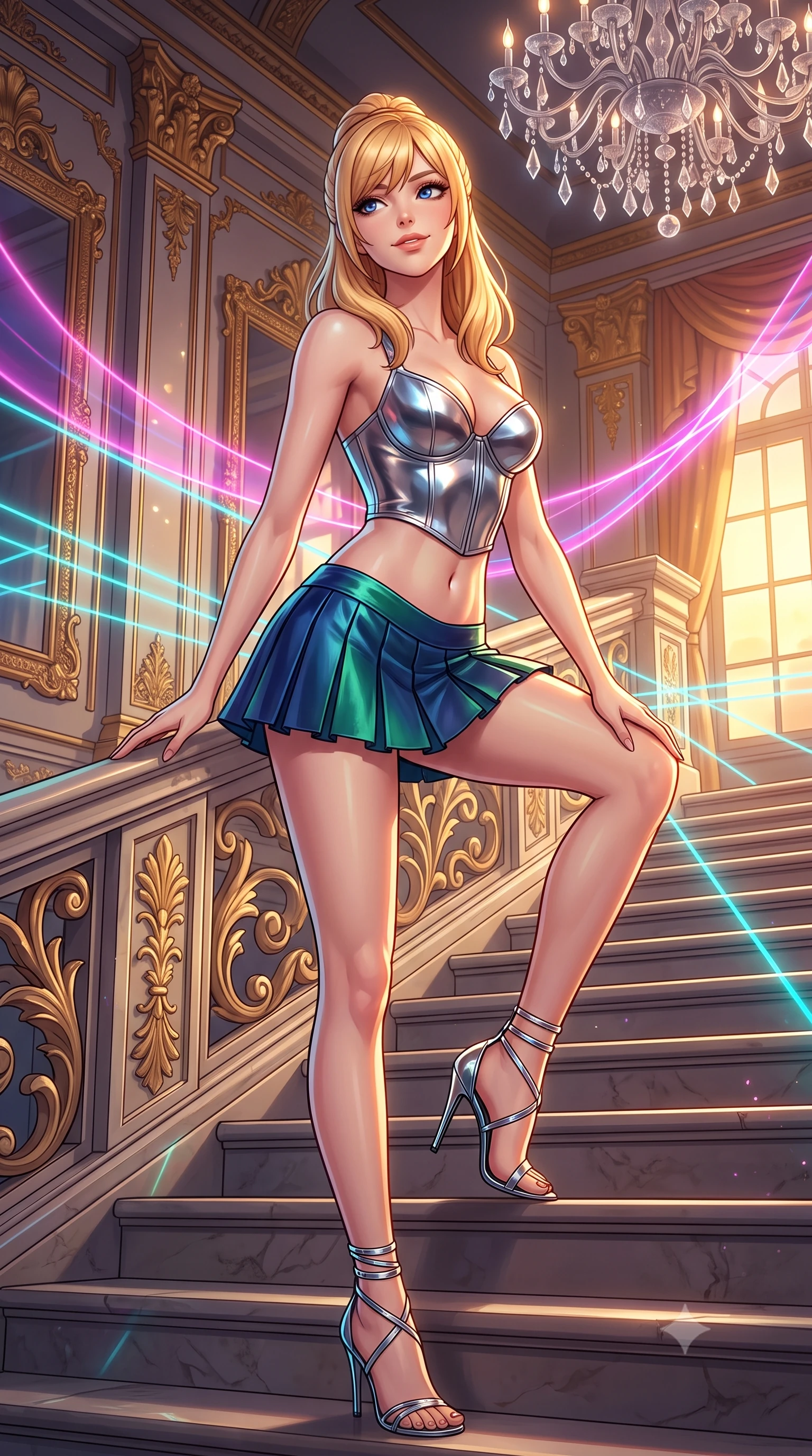 score_9, masterpiece, best quality, ultra-detailed, high-budget anime keyframe, semi-realistic 3D game render, editorial fashion photography, tasteful artistic composition, Caucasian woman. low angle full-body shot from head to toe showing her feet, filling the entire 9:16 vertical frame with her statuesque presence, stretching her vertical silhouette. sitting poised on the stone steps with one knee bent, arching her spine with supermodel elegance as she glances upward through thick eyelashes while twisting her slender torso in an alluring S-curve, sunset gold and neon laser ribbons criss-crossing across her flat midriff and hourglass curves. The surrounding environment is rendered in vivid detail and crisp panoramic clarity: sharp crystal chandelier drops, recursive smart-mirror frame bevels, and gilded acanthus leaf carvings in deep focus. She has an exceptionally tall and slender model-like 8.5-heads proportion, an ultra-slim waist, a flat toned midriff, narrow delicate ribcage, and beautifully sculpted feminine hips creating a graceful, slim hourglass silhouette without any bulky heaviness, with impossibly long slender legs. sharp v-shaped jawline, high-bridge nose, intricate jewel-like sparkling eyes with depth, thick eyelashes, glossy parted lips with a natural peach sheen, bright cheerful beaming smile with an enchanting and coquettish sensual glint, exuding both youthful cute charm and seductive allure, flawlessly proportioned anatomical accuracy, strict slender model proportions, natural body alignment, perfectly sculpted long slender limbs, ultra-slim waistline, clean dynamic posture without body distortion. wearing a chrome-plated structured underwire bustier top paired with an ultra-short low-rise pleated micro mini skirt in abyssal ocean sapphire and bioluminescent emerald, woven from buttery-soft stretch lambskin leather adhering to her body like a second skin, complemented by strappy stiletto sandals with metallic ankle wraps accentuating her slender calves, the high-slit wrap tailoring accentuating her ultra-slim waistline and the enchanting curve of her feminine hips with alluring seductive charm. bathed in the blinding golden hour 2800K palace sunset mixed with delicate cyan laser grid lines. highly saturated vibrant anime colors, detailed shading with soft gradients, rich glossy textures, high-contrast stereoscopic depth, volumetric dynamic lighting, master piece, 9:16 ratio